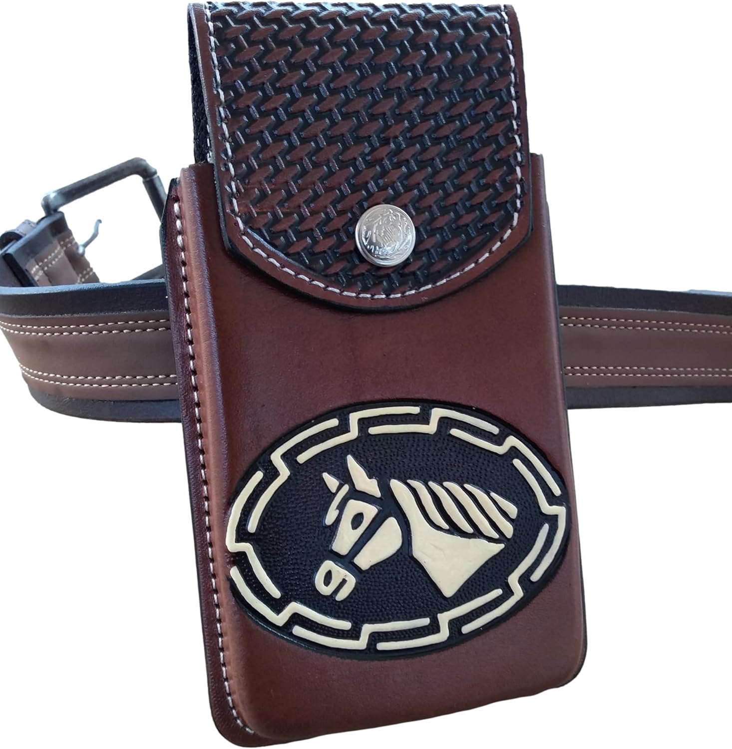 Marquez Western autentic Leather Mexican Cell Phone Holster for Belt with Secure Closure. Hand Painted Horse Design. Universal Size (Brown)