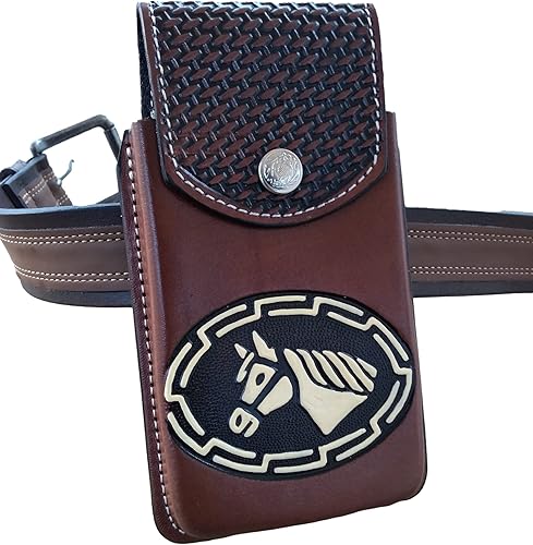 Miniatura 2 de Marquez Western autentic Funda de cuero mexicano para teléfono celular para cinturón con cierre seguro. Diseño de caballo pintado a mano. Tamaño