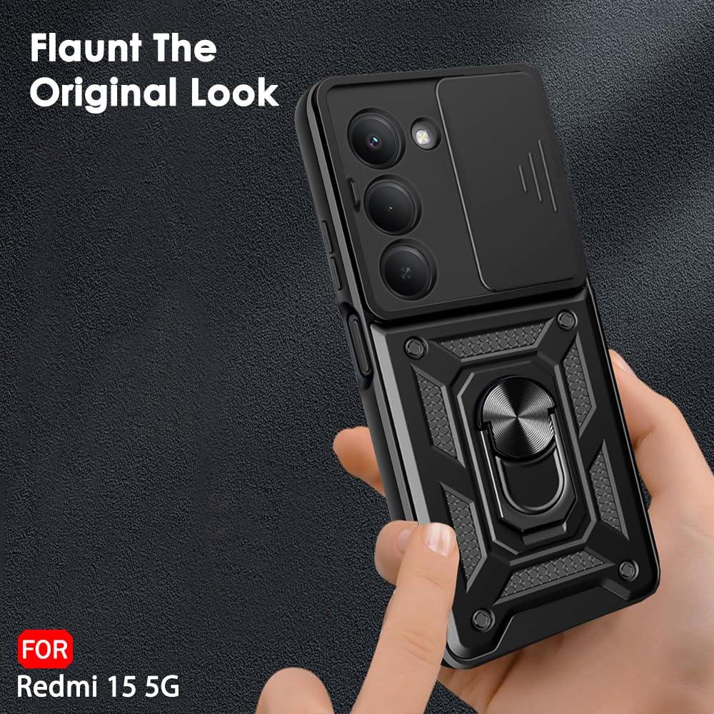 TheGiftKart Tough Armor Bumper Back Cover Case for Mi Redmi 15 5G | Sliding Camera Cover, Kickstand & Ring Holder | 360 Degree Protection Back Cover Case for Redmi 15 5G (PC & TPU, Black) — Amazon image 6