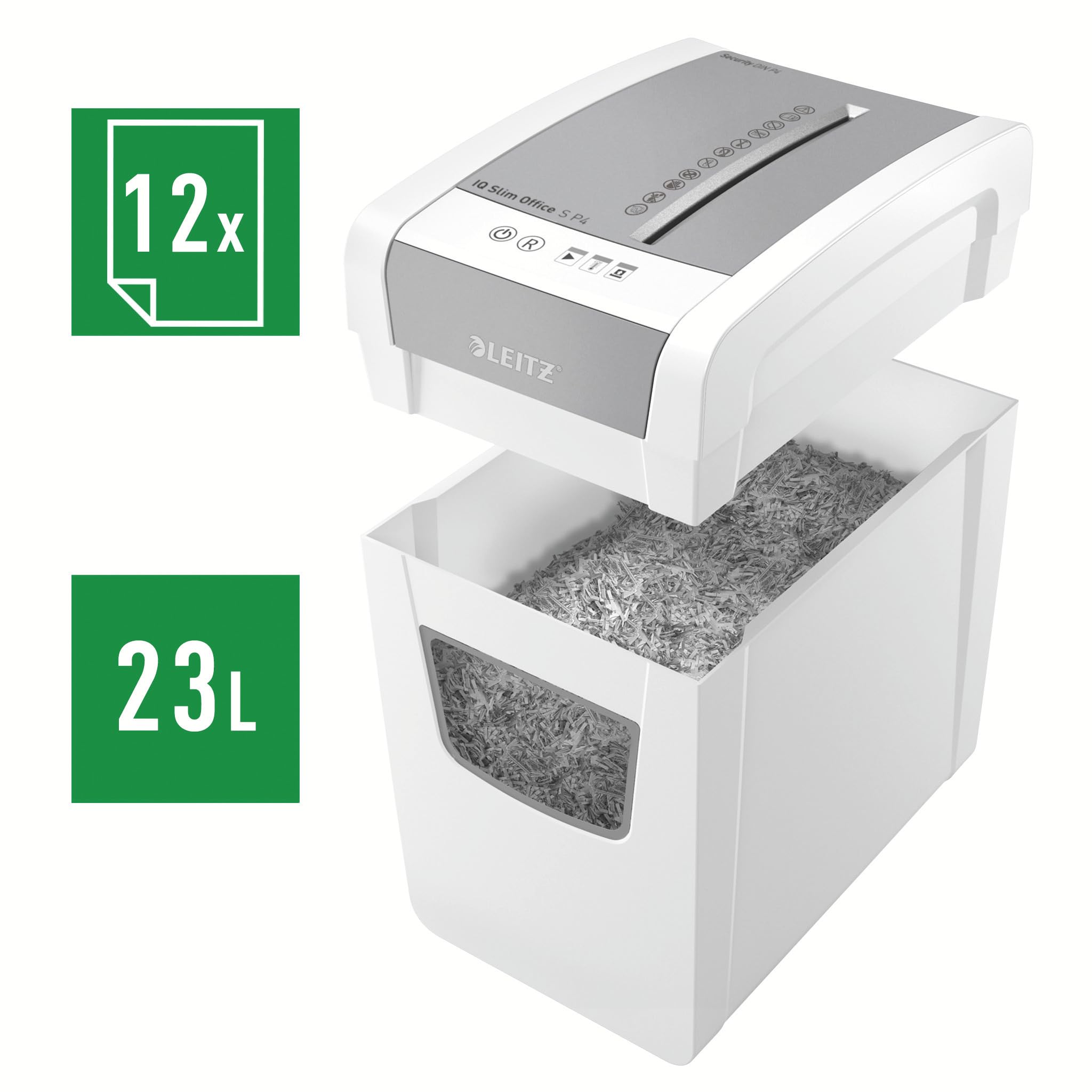 Leitz IQ Office S 80980000 - Destructora de papel (14-12 hojas, capacidad de 70-80 g/m²), certificación TÜV+GS, corte en partículas, nivel de seguridad P4, especialmente silenciosa, recipiente de 23 L