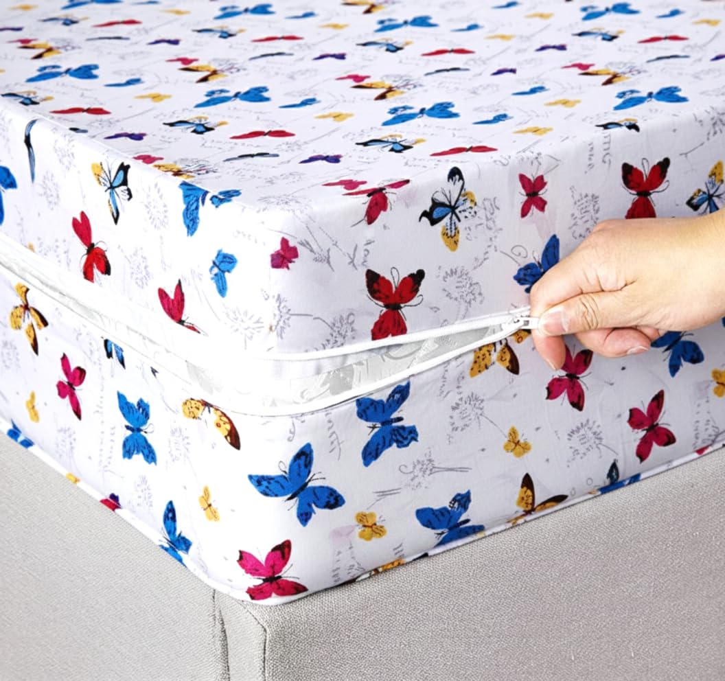 Diksha Home Furnishings Premium Cotton Mattress Cover with Zipper Chain | 360° All-Around Protection | Single Bed Size 36×72+6 Inch (White Blue)-image-5