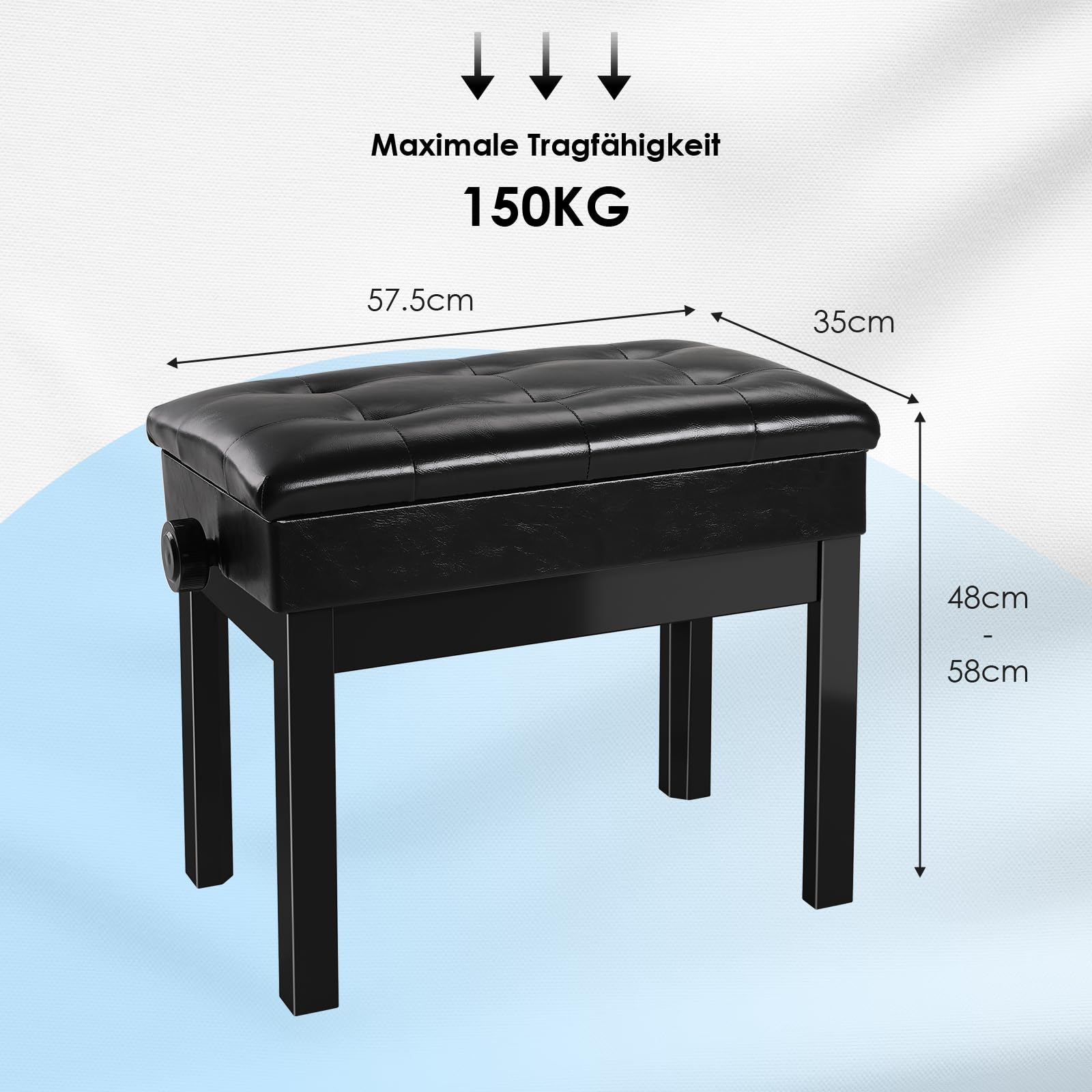 MAMIZO Sgabello Pianoforte Regolabile in Altezza 48-58 CM, Panca Pianoforte | Sgabello Pianoforte con Spazio di Archiviazione, 4PCS Gambe in Legno Massello Sgabello Tastiera, Max 150KG, Nero