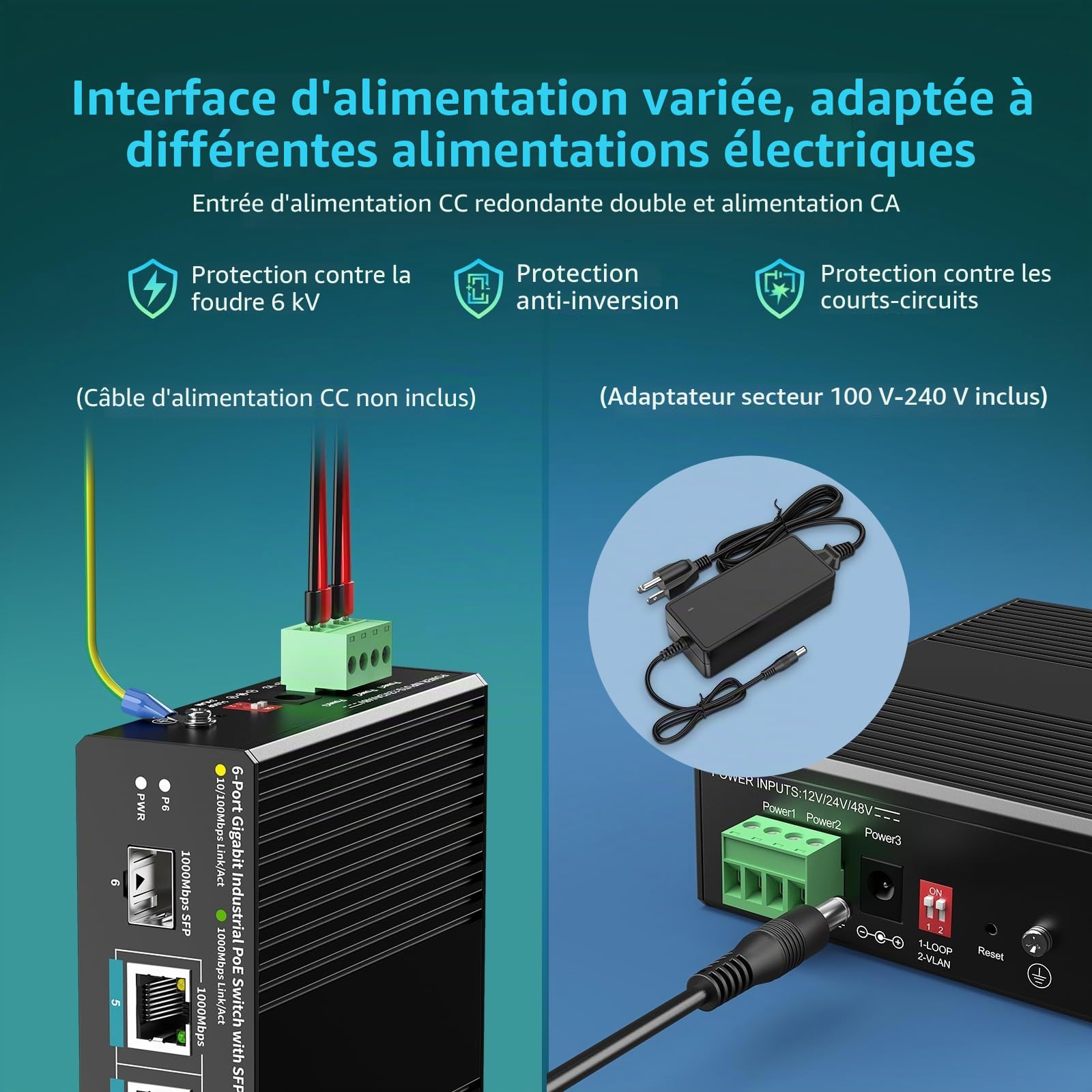 YuanLey Switch Industriel 6 Ports avec 4 Ports PoE Gigabit, 1 Port Uplink 1000Mbps, 1 Port SFP, Switch PoE Non-Manageable Din-Rail avec Alimentation 66,25W, IEEE802.3af/at, VLAN & Loop