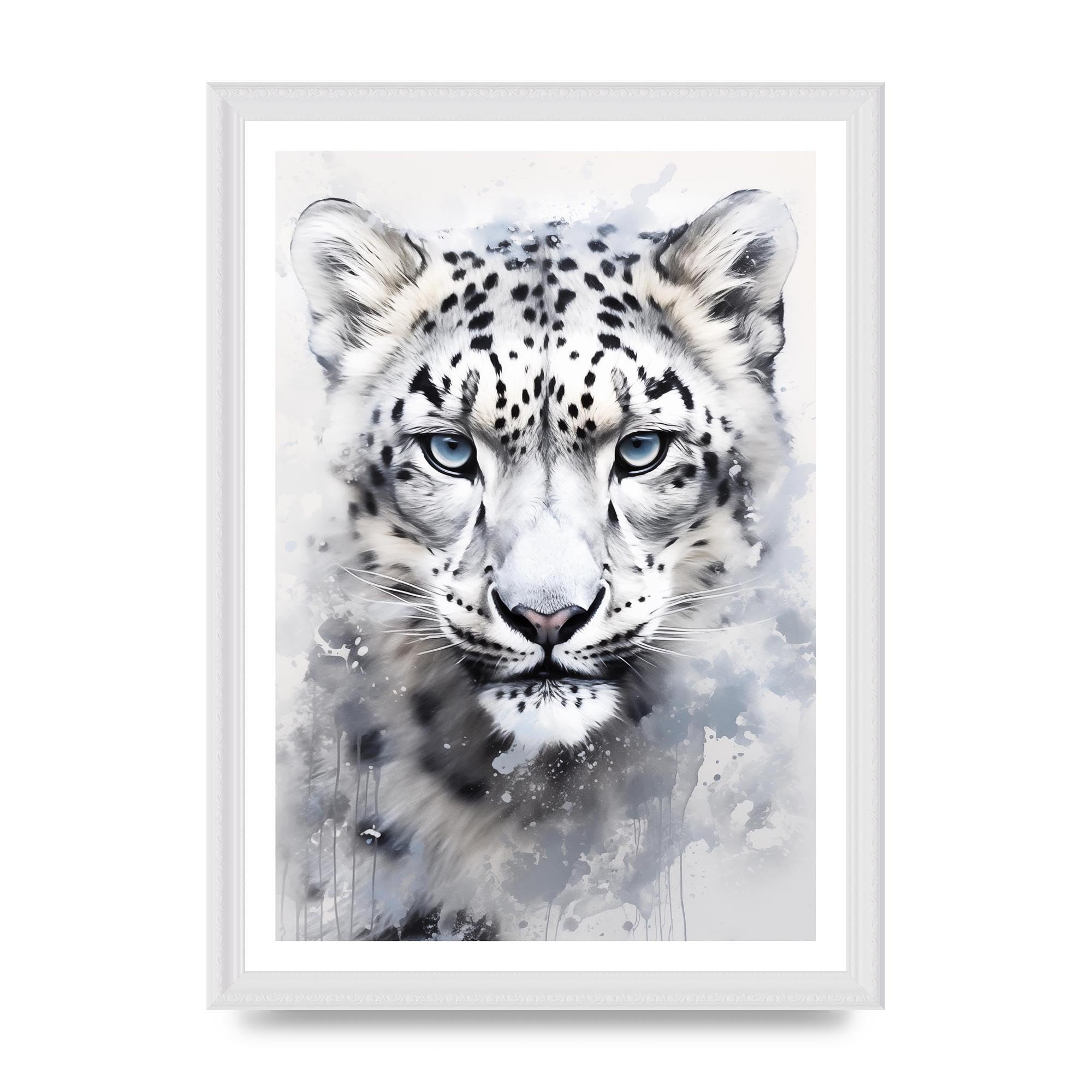 Lithobee - Snow Leopard Illustration with Frosty Blue Back Home Wall Art Prints - A3 White Ornate Frame