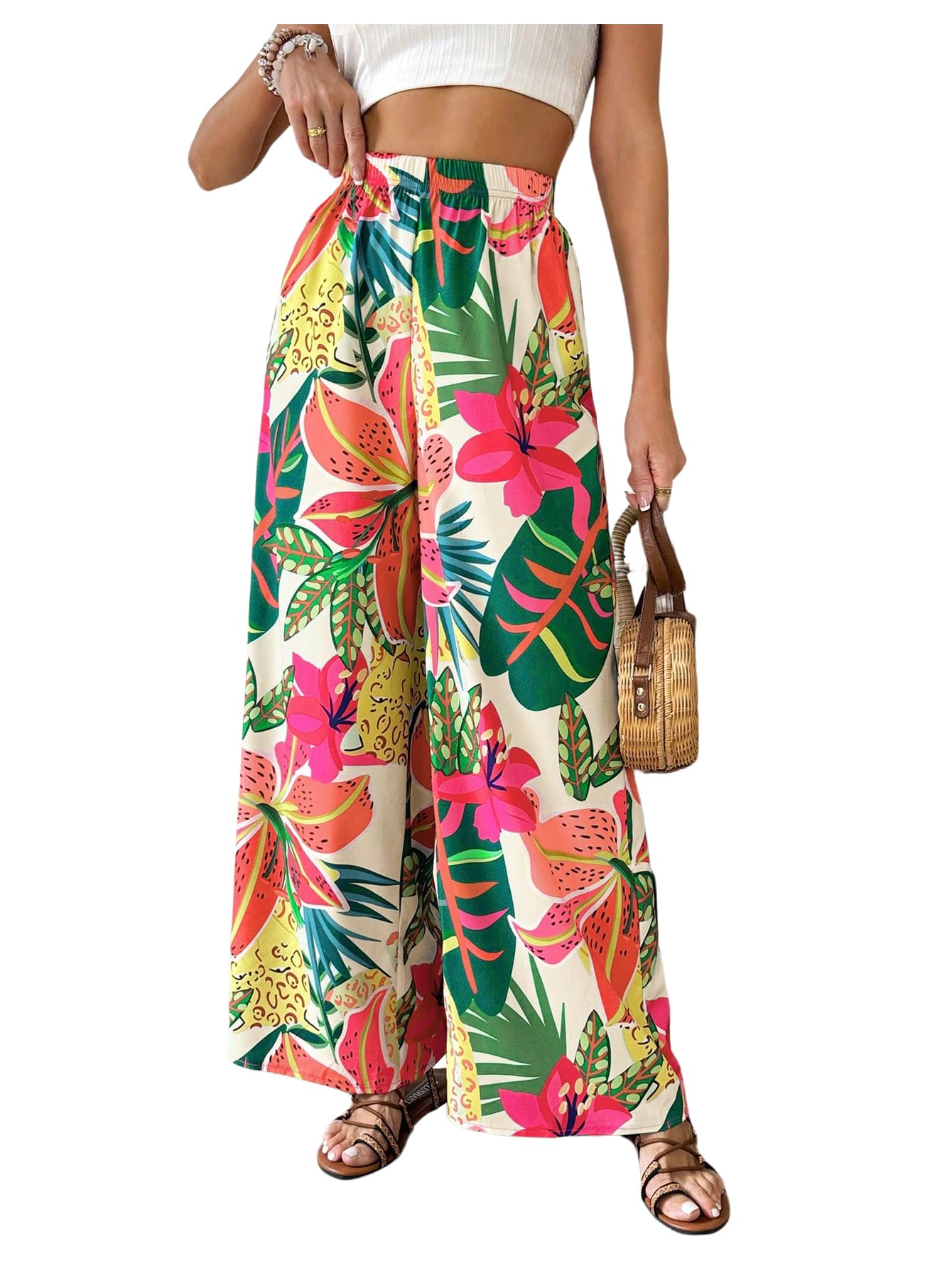 WDIRARA Womens Tropical Floral Print Elastic Waist Wide Leg Pants Palazzo Pants