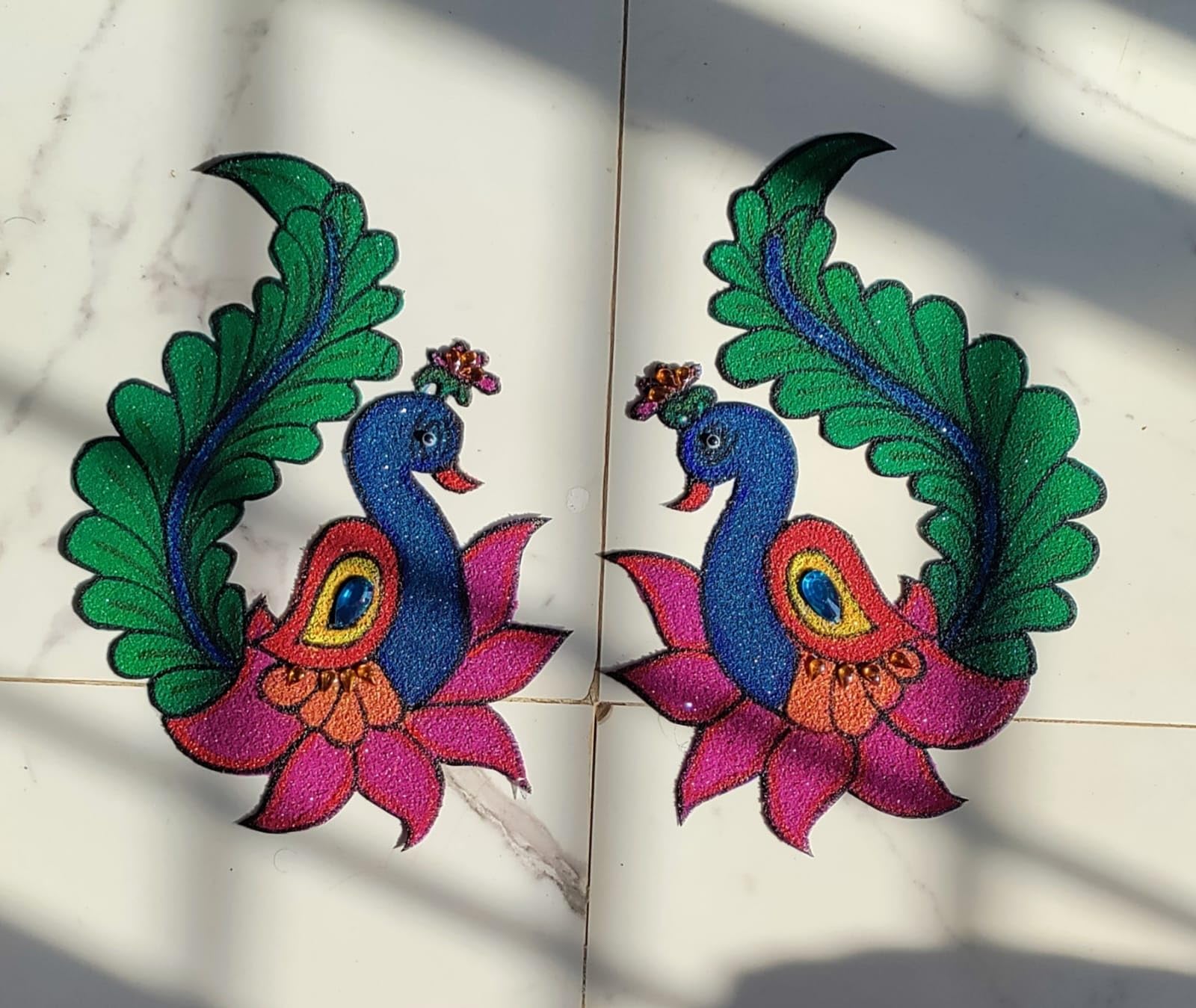 Peacock Design Rangoli Patches, Ready to Use Floor Decor for Festivals and Special Occasions, Colorful Embroidered Peacock with Lotus