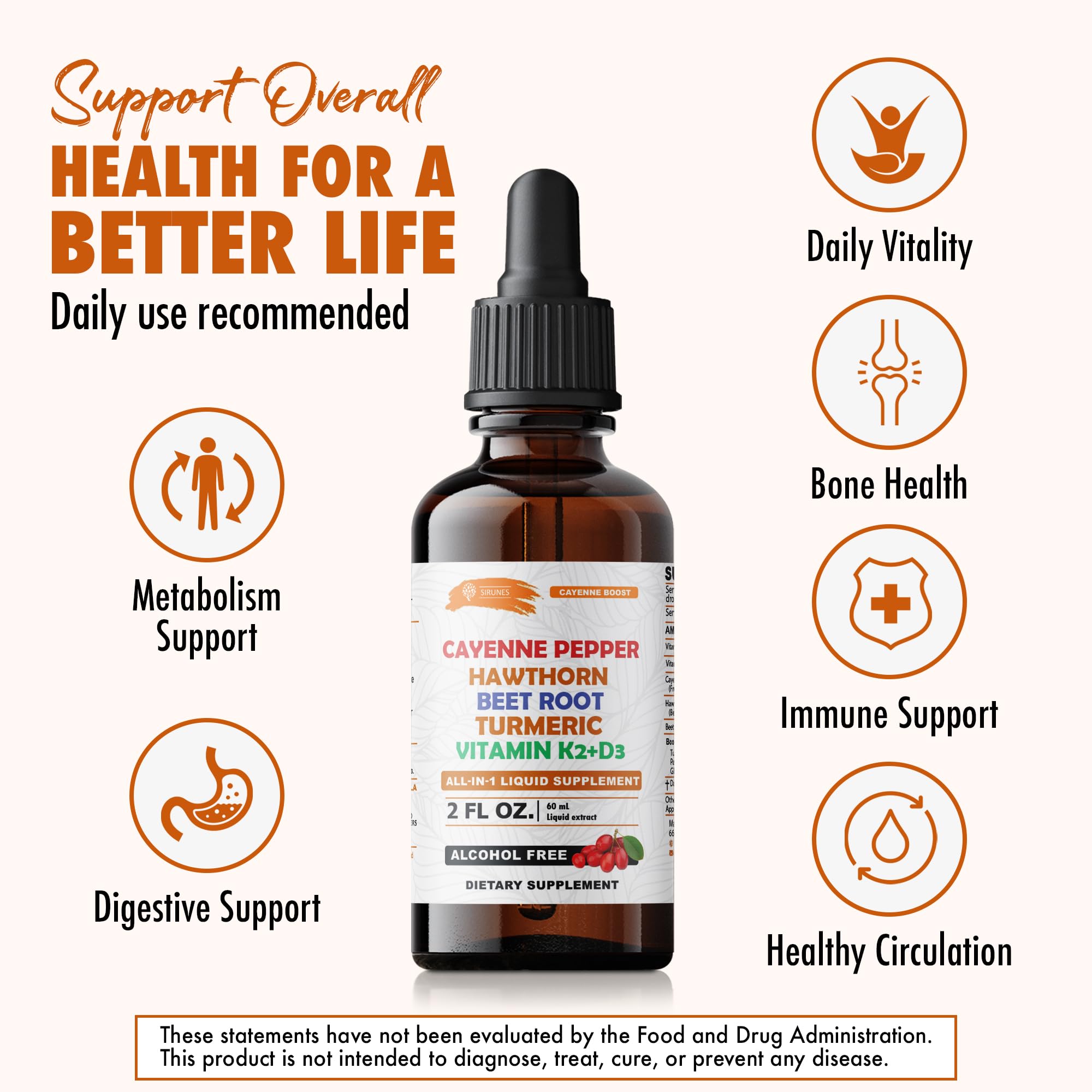 Cayenne Pepper Drops with Hawthorn Beet Root Turmeric Vitamin K2+D3 Liquid Supplement, Alcohol Free, 2 FL OZ, 60 Servings — Amazon image 4