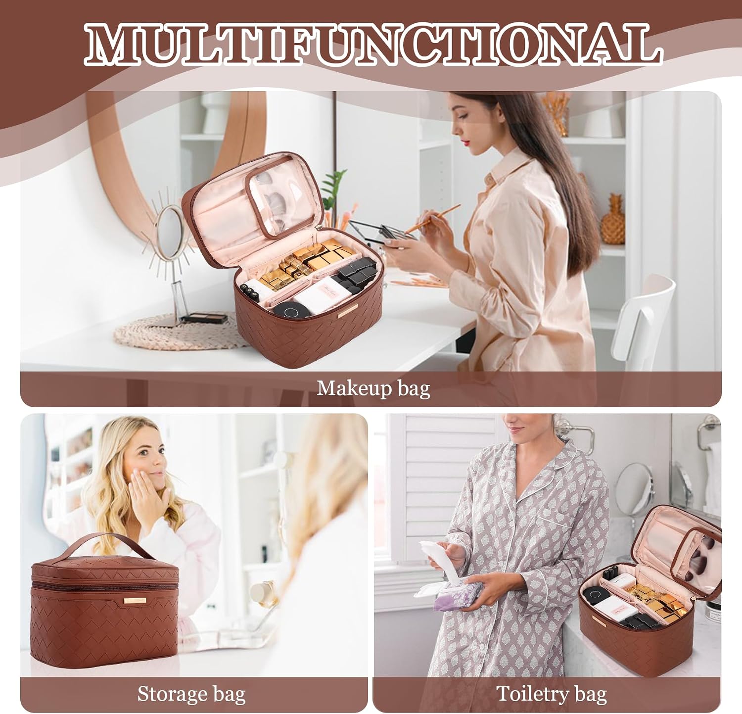 Dajasan Makeup Bag, Travel Cosmetic Bag, Makeup Organizer Bag, Makeup Organizer Case with Divider and Handle, Large Toiletry Bag for Women 11.81 x 6.7 x 7.09 Inch (Brown)