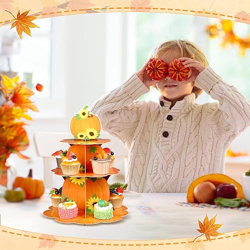 Miniatura 6 de Zopeal Soporte para cupcakes de calabaza de otoño de 3 niveles, soporte de cartón escalonado para tartas naranjas, soporte para postres florales de