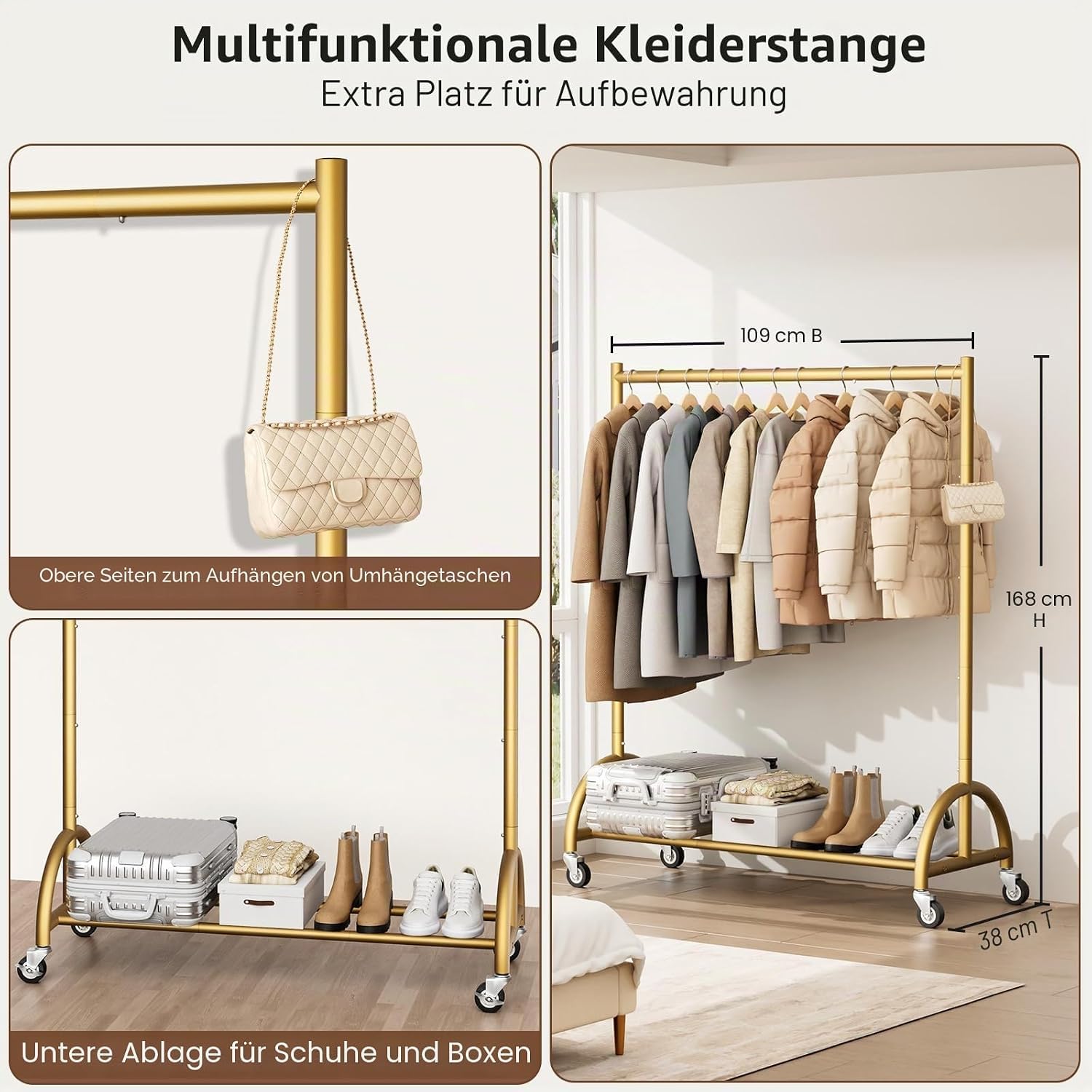MISSLO Perchero pesado con ruedas - Perchero móvil para colgar vestidos, chaquetas y blusas - Perchero estable sobre ruedas, diseño industrial en oro