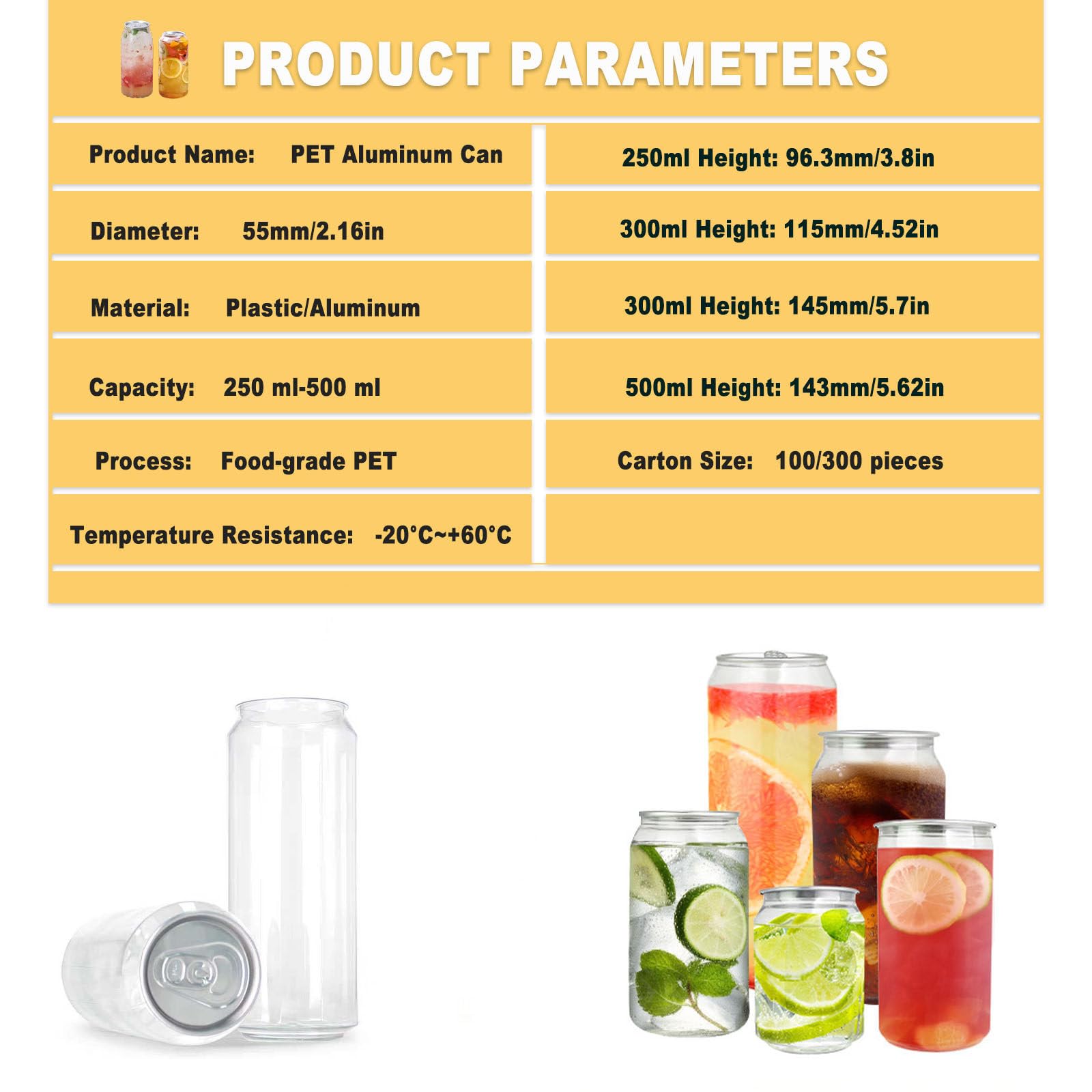 Botellas De Plástico Vacías De 55 Mm Para Máquinas Selladoras De Latas, Latas De Plástico Con Tapa, Envases De 250 Ml, 330 Ml Y 500 Ml Para Jugos Y Batidos, Para Té De Burbujas. 500ml(100sets)