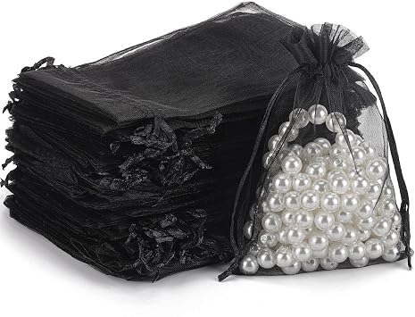 100pcs Organza Bags - 4"x6" Jewelry Bags with Drawstring, Black Mesh for Gift Packaging, Party, Wedding, Festive