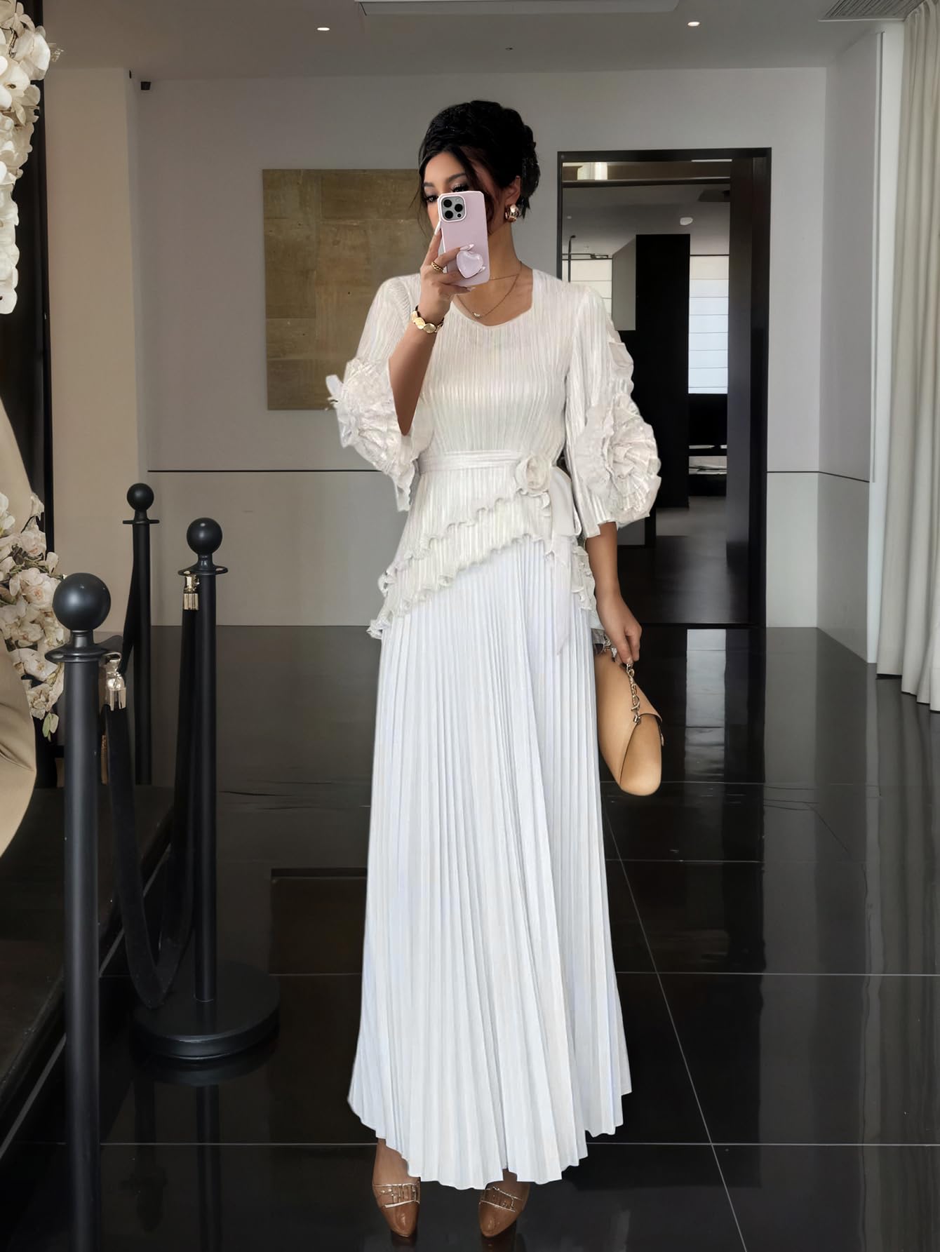 Completo Estivo da Donna a Due Pezzi: Blusa con Maniche a Balza e Gonna Lunga Pieghettata – Set Asimmetrico Pieghettato per Feste e Matrimoni