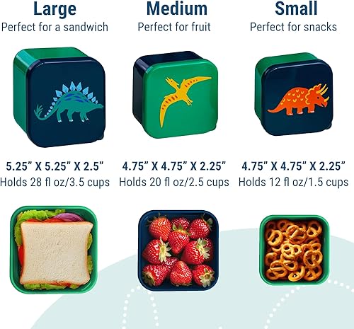 Miniatura 4 de Wildkin Contenedores de comida anidables para niños, apilables, herméticos y aptos para lavavajillas, juego de 3 dinosaurios jurásicos