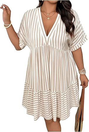 SOLY HUX Womens Plus Size Striped Ruffle Dress Summer Deep V Neck Half Sleeve Flowy Babydoll Dresses