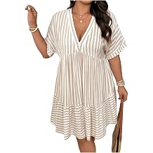 SOLY HUX Womens Plus Size Summer Striped Half Sleeve Ruffle Babydoll Dress