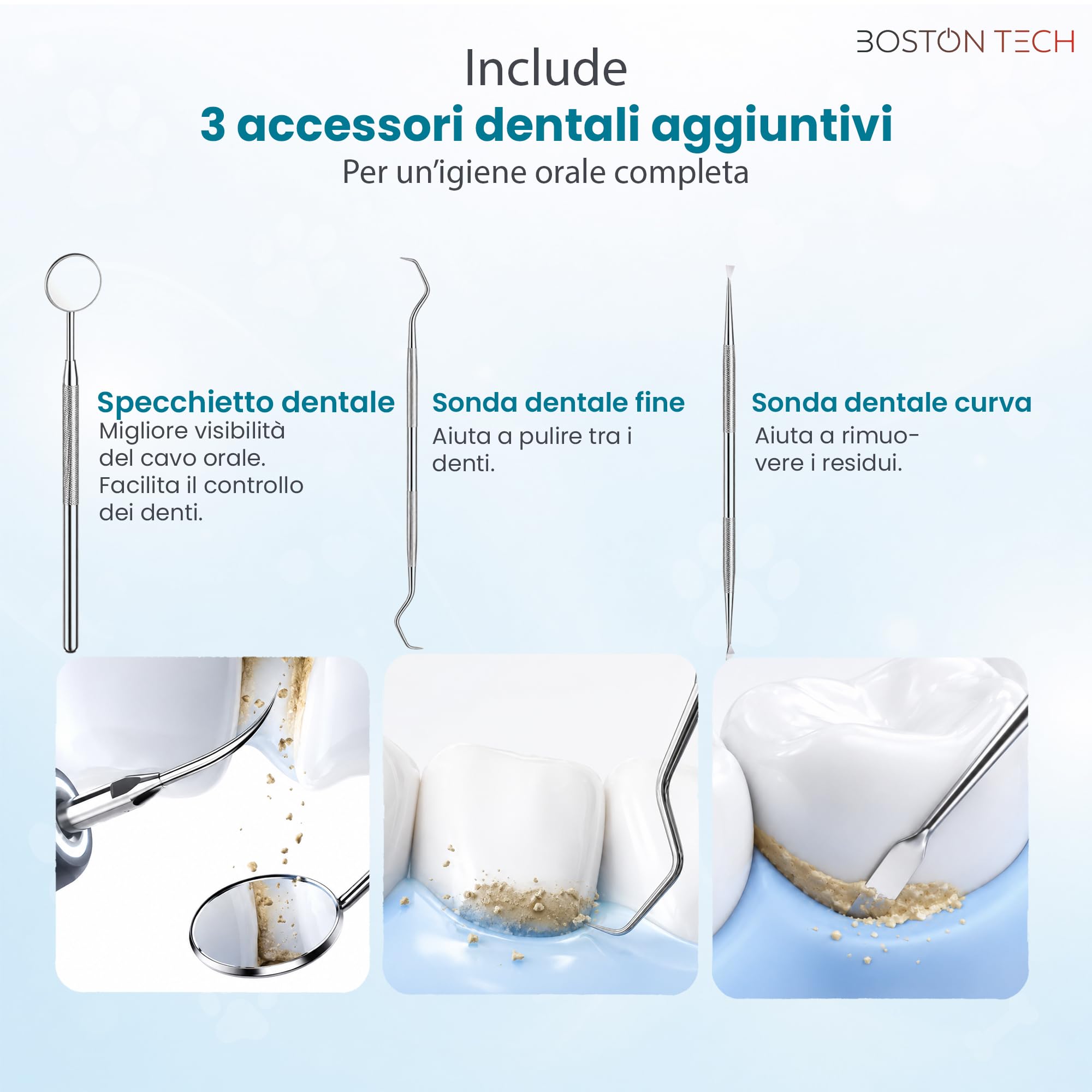 Boston Tech DENTRA Ablatore Tartaro Ultrasuoni, Pulitore Denti Elettrico per Rimuovere Placca e Tartaro, Kit Pulizia Denti con 5 modalità, Ricarica Type-C e Spegnimento Automatico 10 Minuti
