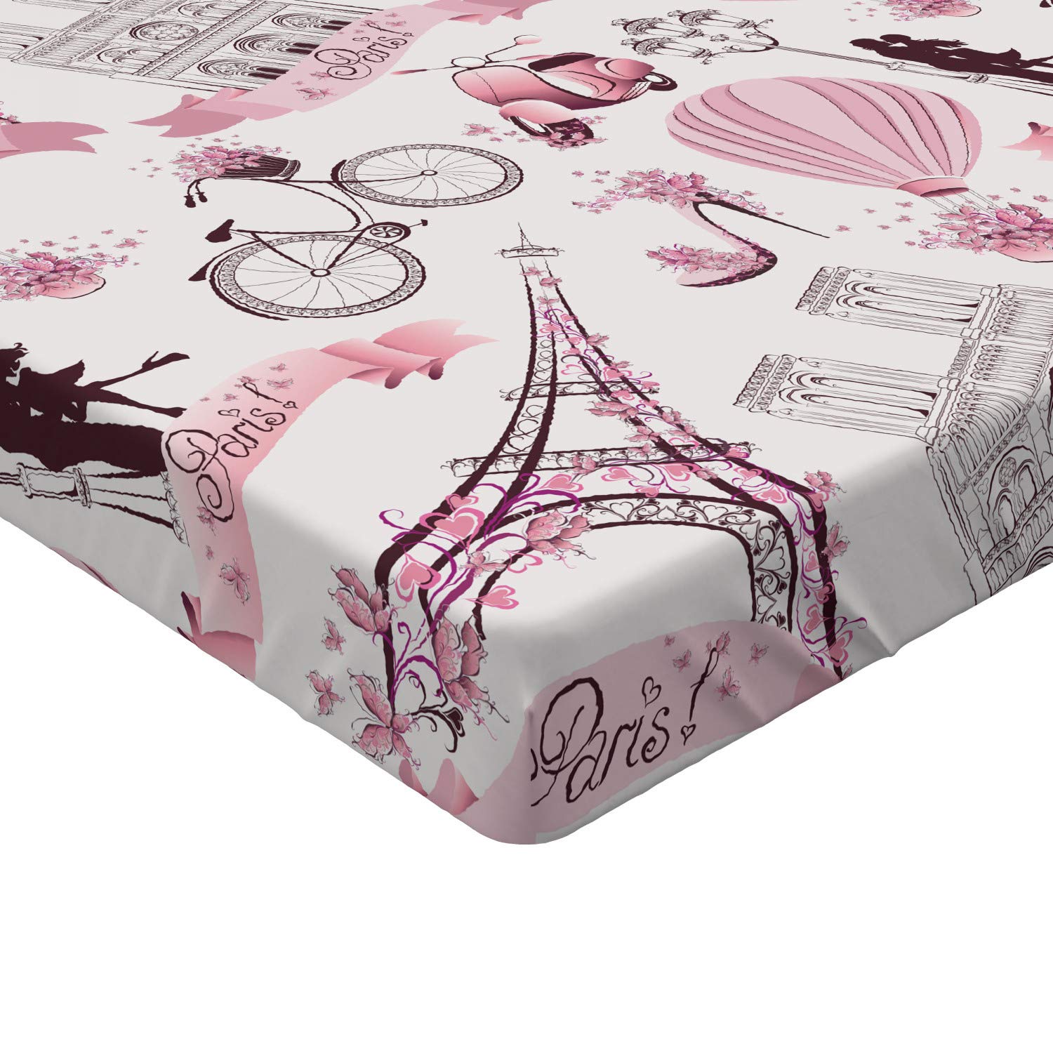 Ambesonne Eiffel Tower Fitted Sheet, Travel in Paris Theme Honeymoon Flowers Romance Hot Air Balloon Bike, Bed Cover with All-Round Elastic Deep Pocket for Comfort, Twin XL Size, Soft Pink