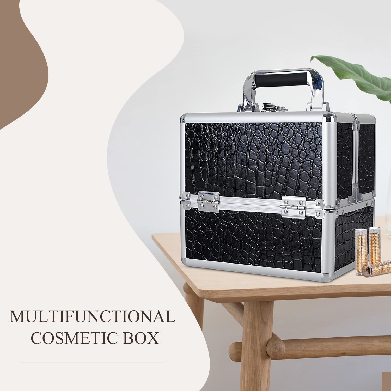Maletín Maquillaje Cuero de Cocodrilo Maletín Maleta de Makeup y 4 Tarias Estuche Cosméticos Organizador Estuche de Uñas Beauty Case de Viaje Joyero y Manicura para Mujer Profesional, Nergo