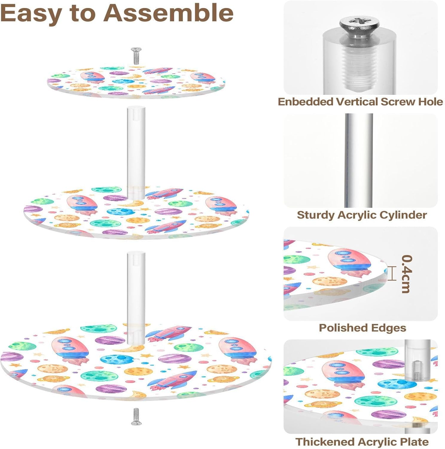 Spaceship Planet Star Moon 3 Tier Acrylic Cupcake Stand, Cupcake Stand for 34 Cupcakes for Weddings, Christmas,Holidays,Parties,Birthday,Printed Cupcake Tower 23300372