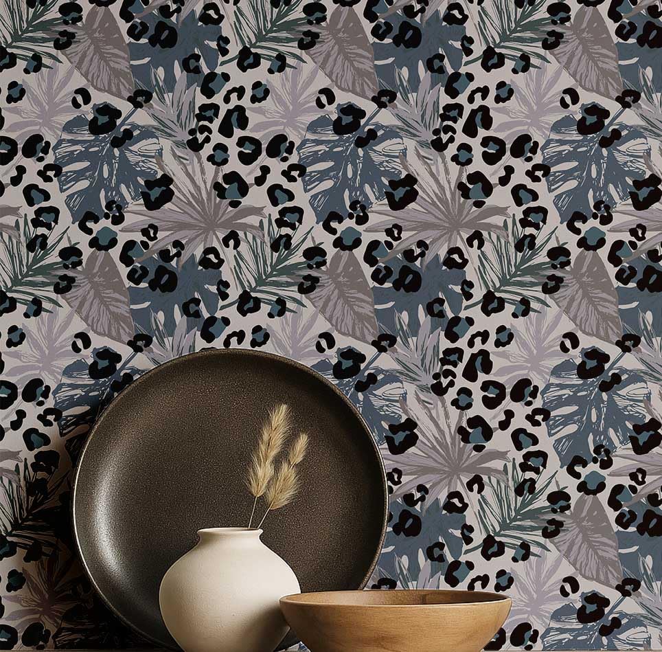 Papier peint vinyle bleu haut de gamme à motif léopard jungle
