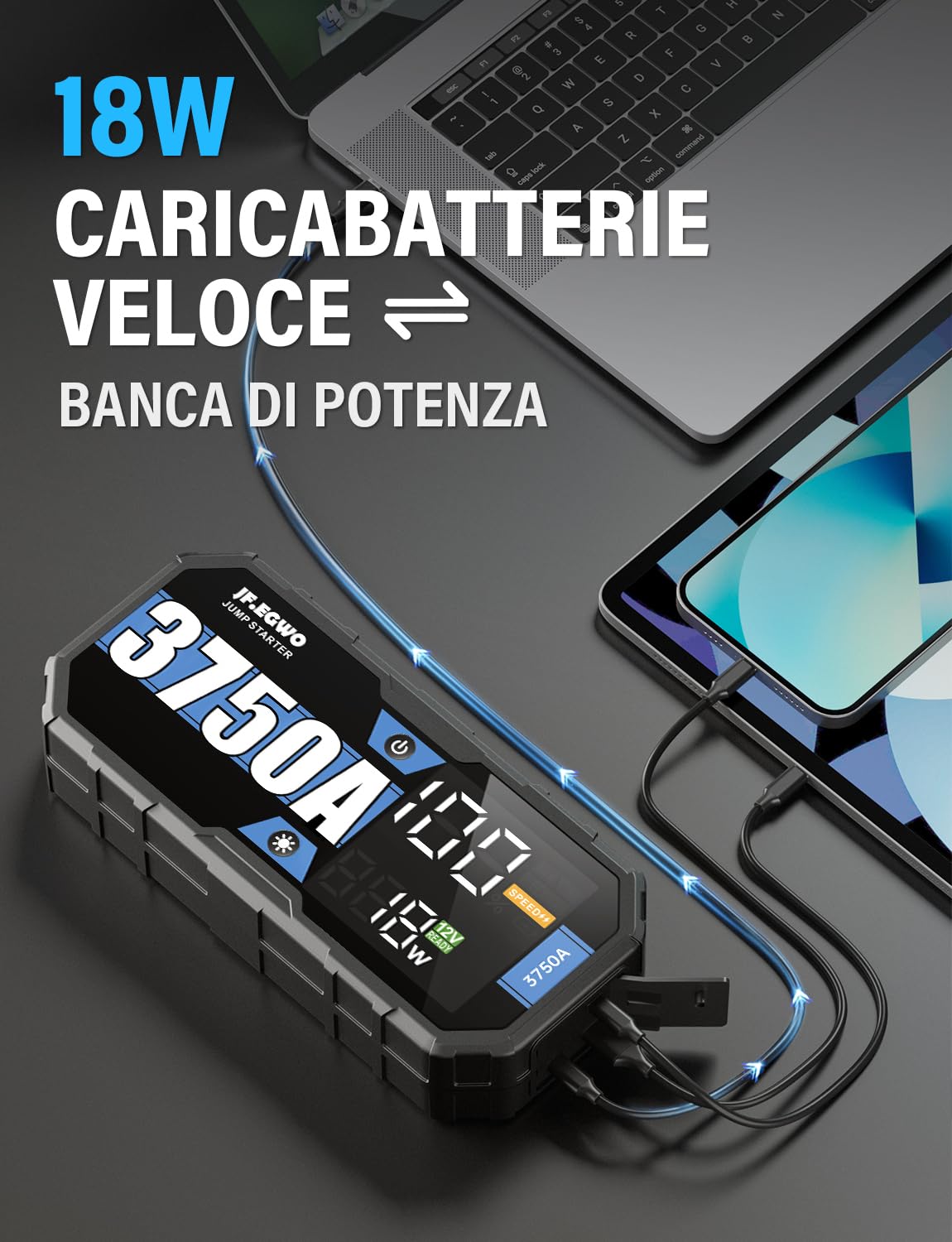 Avviatore Batteria Auto 3000A 26800mAh - Con Compressore Aria 150PSI, Torcia LED, Power Bank USB, Per Auto E Moto