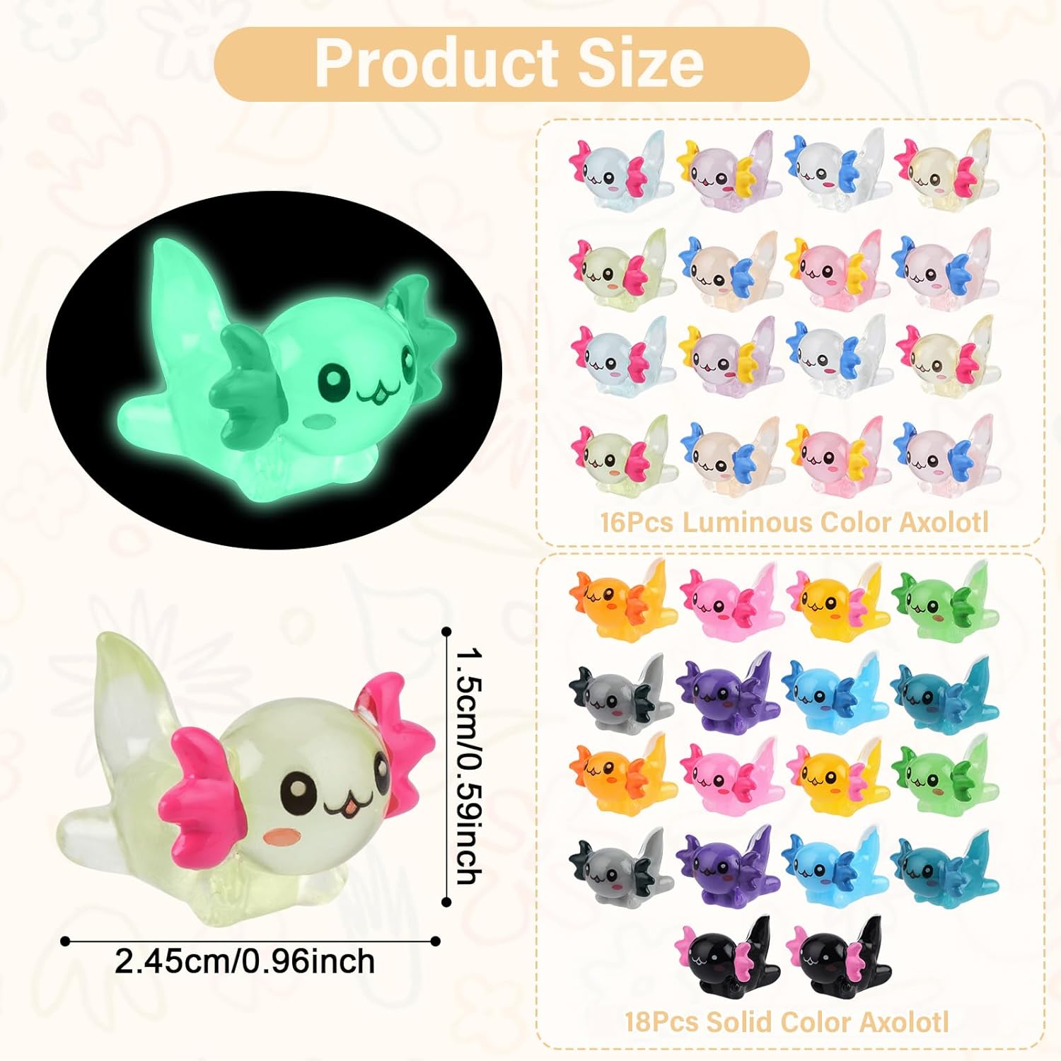 BuQiuRen 34pcs Mini Resin Axolotl, Glow in The Dark Tiny Axolotl Miniature Figures Toy Tiny Plastic Animal Figurines for Fairy Garden Landscape Aquarium Potted Birthday Christmas Party Decorations