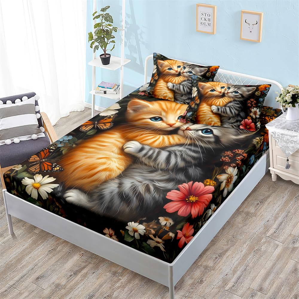 Drap Housse 180X200 2 Chats Bedding Drap Housse Coupes De 30 Cm pour Matelas Épais,Réglable en Microfibre Brossé Extra Doux,Résistant, Anti Plis