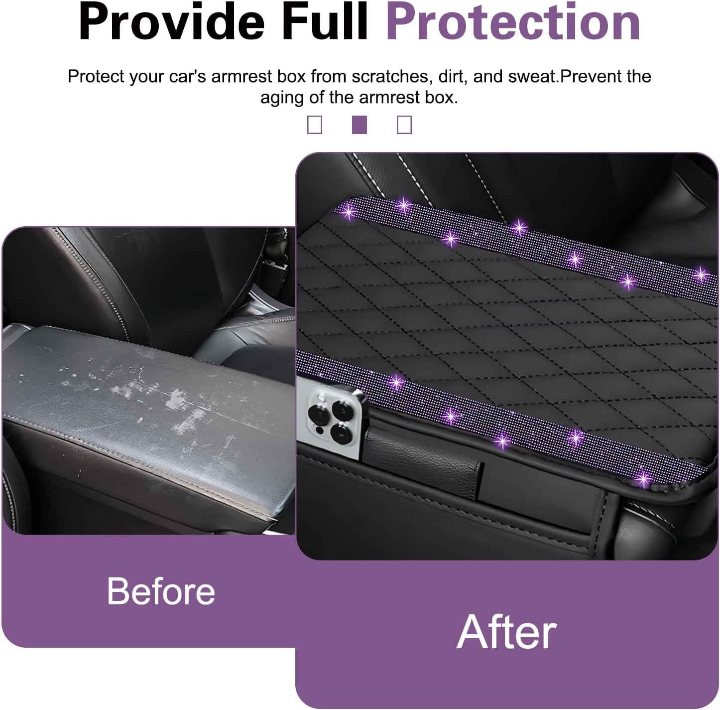 Bling Car Center Console Cover, Center Armrest Cover with 2 Storage Bags, Purple Bling Car Accessories, Center Console Cushion Purple Car Accessories, Car Console Covers for Women (Purple)