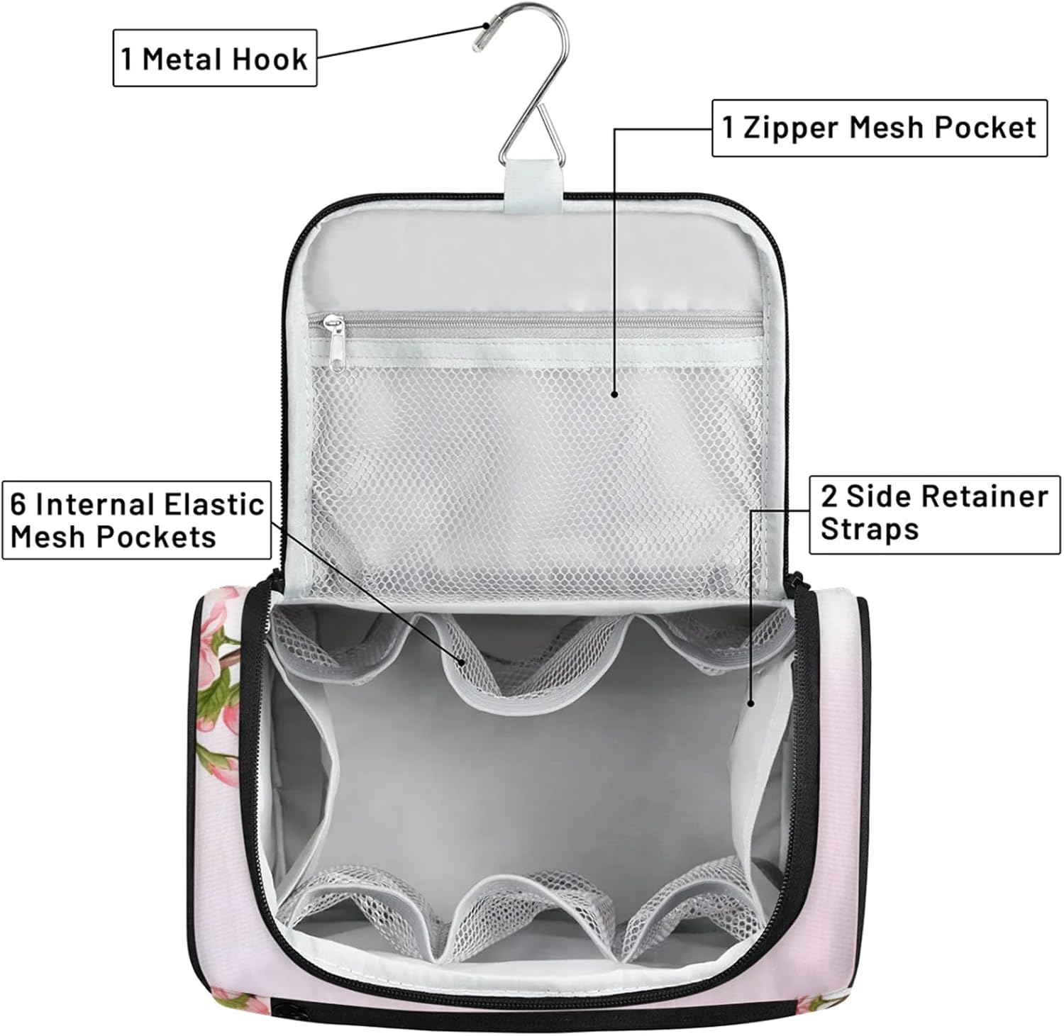 cfpolar Toiletry Bag for Women, Flower Pink Floral Hanging Travel Toiletry Bag, Water-resistant Cosmetic Makeup Organizer for Toiletries and Cosmetics, Bathroom Shower Bag with Handle and Hook