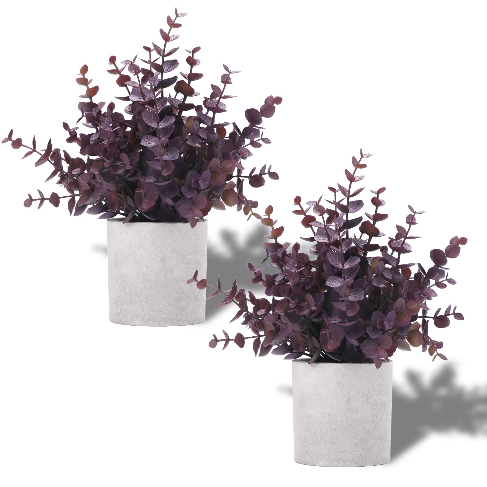LEUCHTAMOR 2 Pack Small Fake Plants Eucalyptus Potted Artificial Plants for Shelf Desk Home Bathroom Farmhouse Room Coffee Table Indoor Decor (Purple Red)