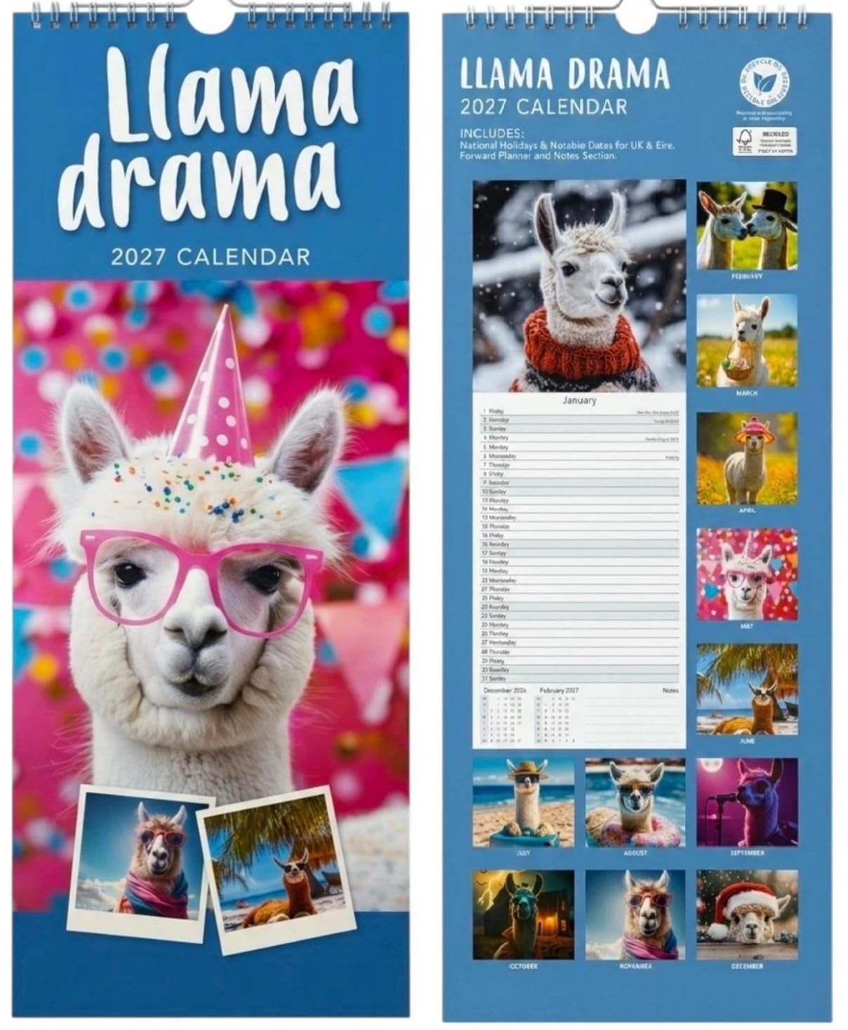 2027 Super Slim Month to View Spiral Bound Hanging Wall Calendar Home Office (Llama Drama) โ image 1