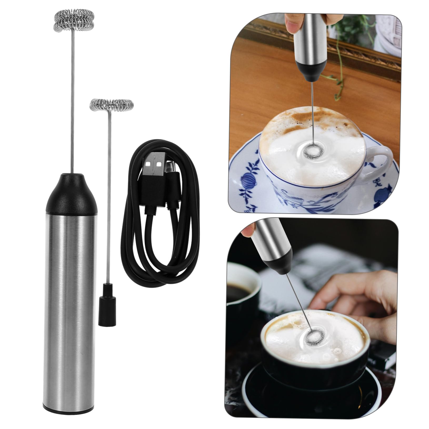 Montalatte Ricaricabile Elettrico Portatile per Cappuccino | 1 Pezzo, Colore Argento, Abs e Acciaio Inossidabile, Testina Sostituibile, Schiuma Cremosa