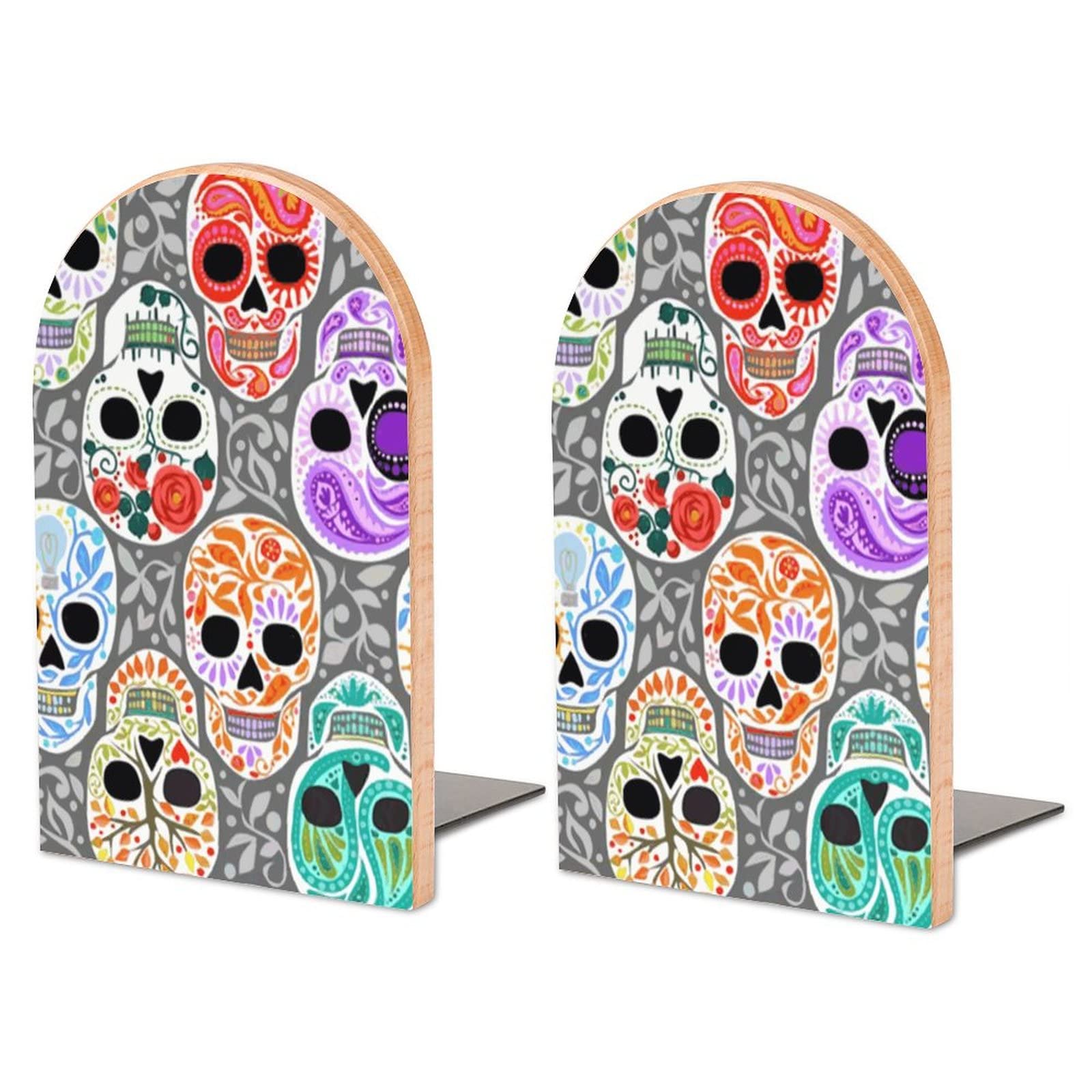 Watercolor Skull Calaveras Bookends Heavy Duty Book Stand 1 Pair for Home Office Shelves Decorative