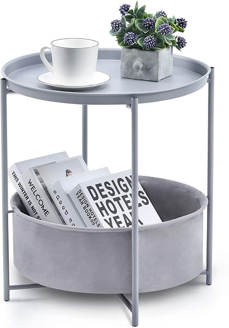 Kingrack Coffee Round Table, Metal Nightstand, Sofa Side Snack Table, Bedside End Table with Detachable Tray Top and fabric Storage Basket, Scandi Style Lamp Table for Living Room Bedroom (Light Grey)