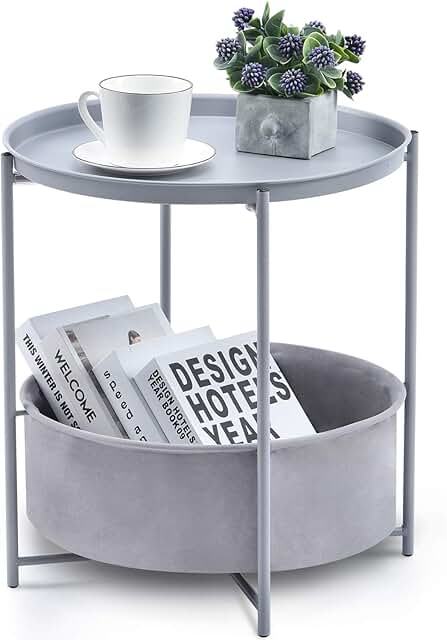 Kingrack Coffee Round Table, Metal Nightstand, Sofa Side Snack Table, Bedside End Table with Detachable Tray Top and fabri...