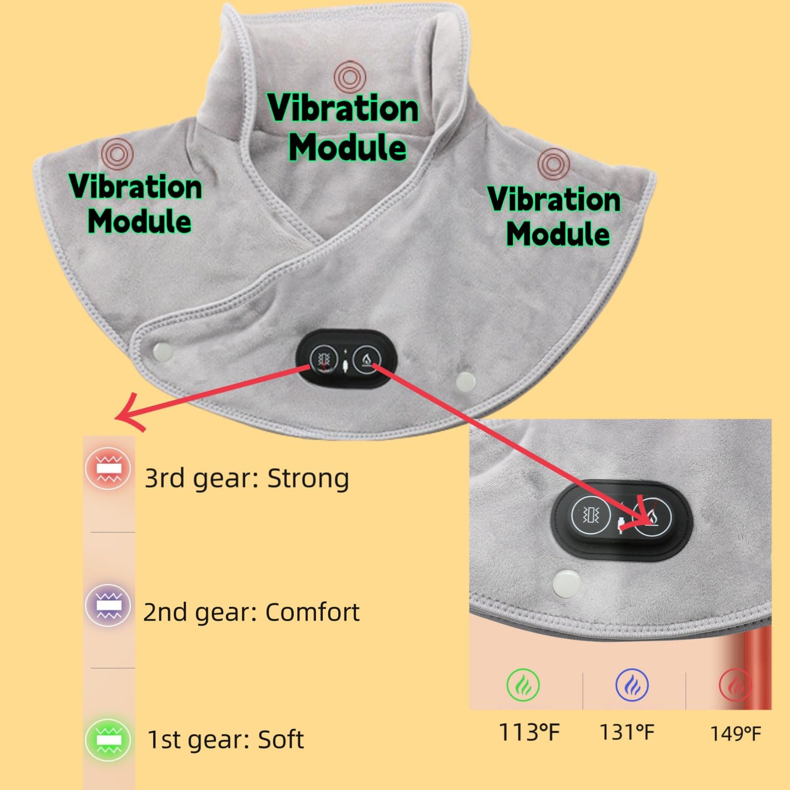Almohadilla térmica para Cuello y Hombros, eléctrica, con 3 Opciones de Calor y ajustes de Masaje (Amarilla)