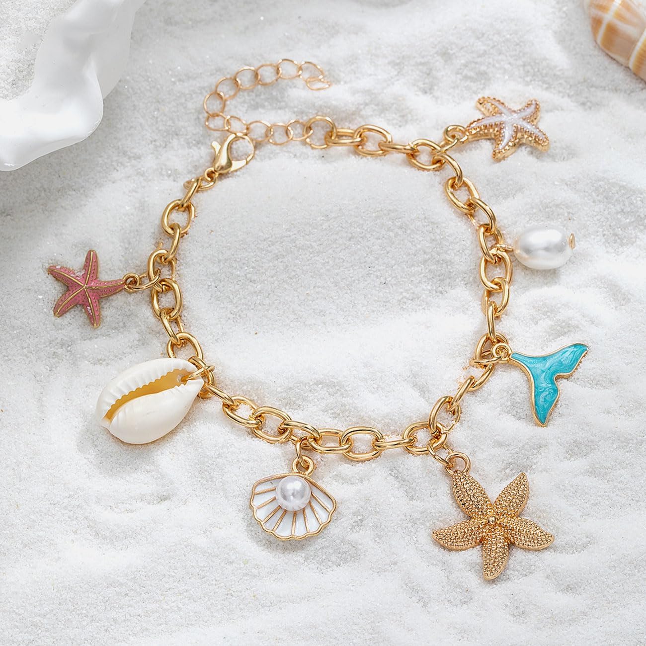 Gold Charm Bracelets for Women Pearl Seashell Starfish Mermaid tail Charm Bracelets Summer Beach Surfer Bracelet Jewelry - Image 4
