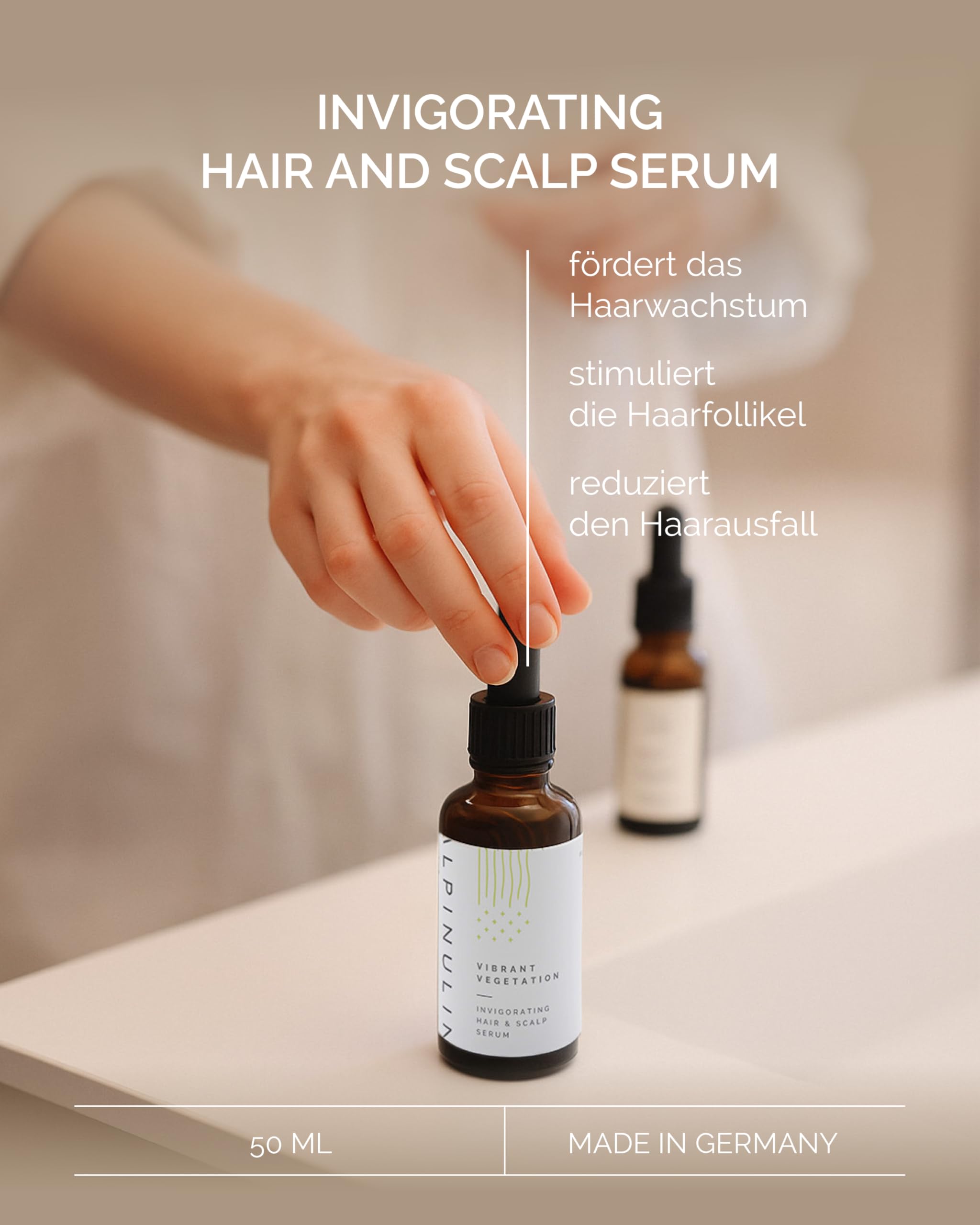 Alpinulin Vibrant Vegation Haar- und Kopfhaut Serum 50ml - 100% vegan, Mit wertvollen Pflanzen-Extrakten, Kupferpeptiden und reinem Alpenquellwasser