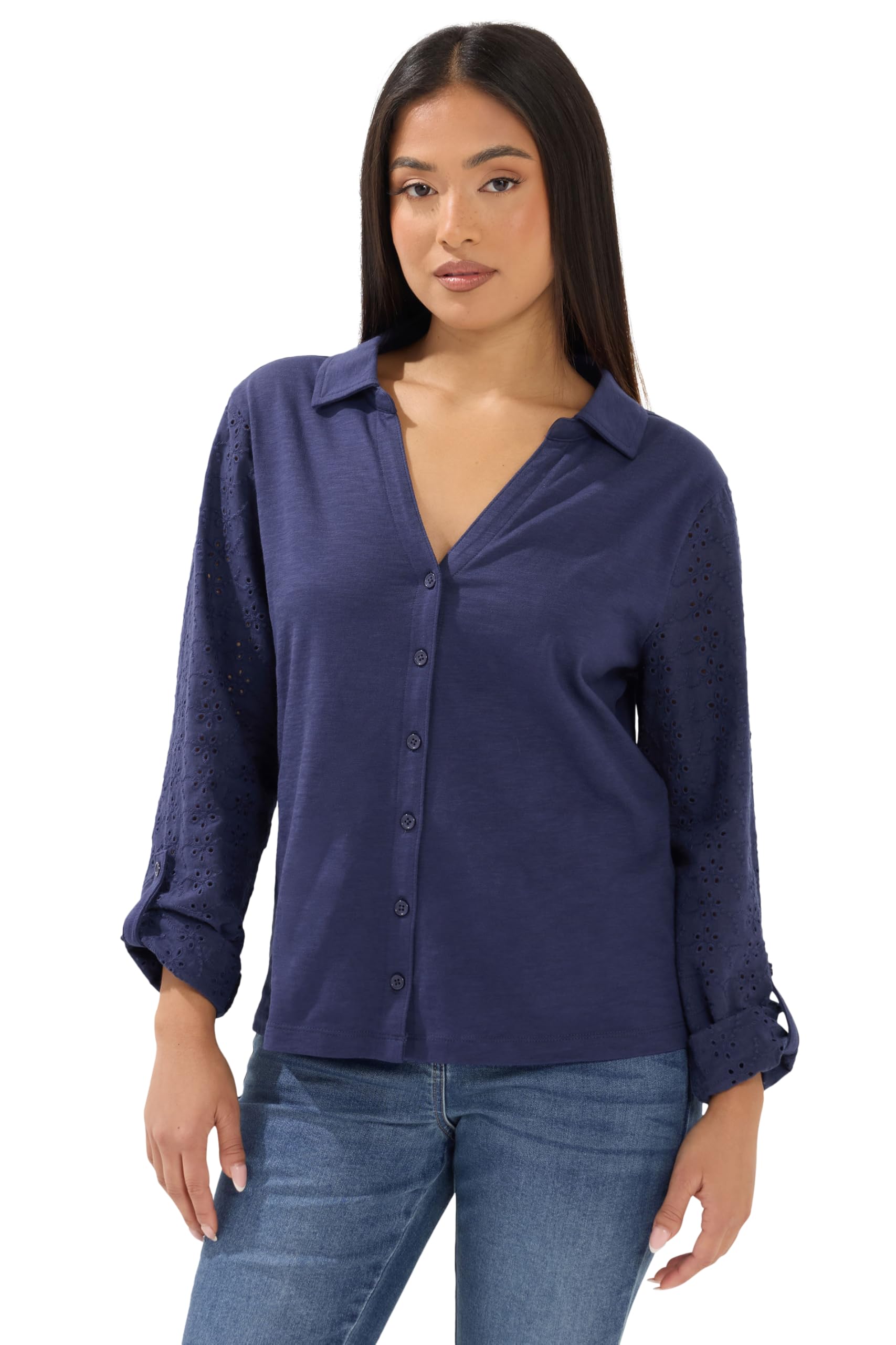 M&Co Women's Mid Navy Petite Broderie Sleeve Shirt In | Size: 8