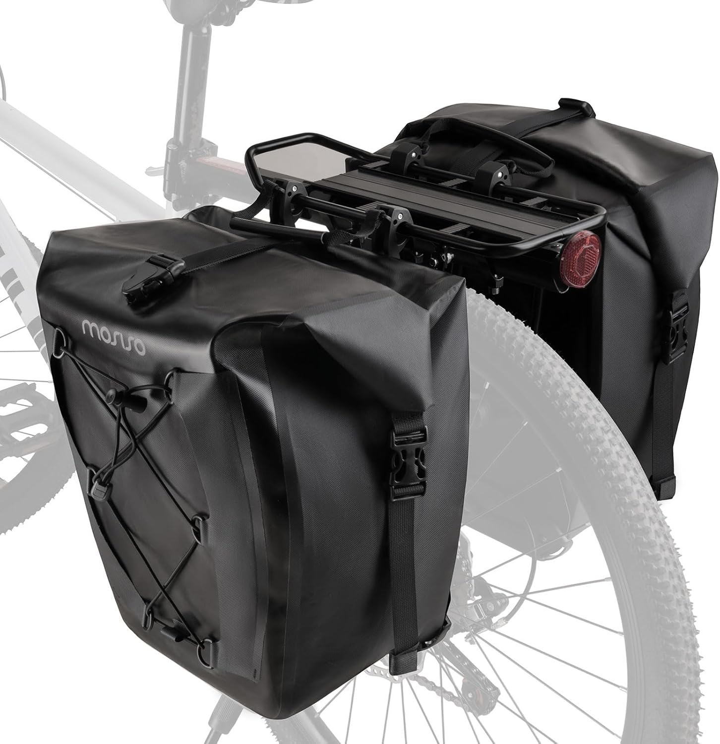 MOSISO 25L Bike Panniers, 2 Pack Waterproof Panniers Bike Bag, Bike Rear Rack Seat Bag with Elastic Cord, Bicycle Luggage Storage Trunk Pouch for Road Mountain Cycling Traveling Commuting, Black