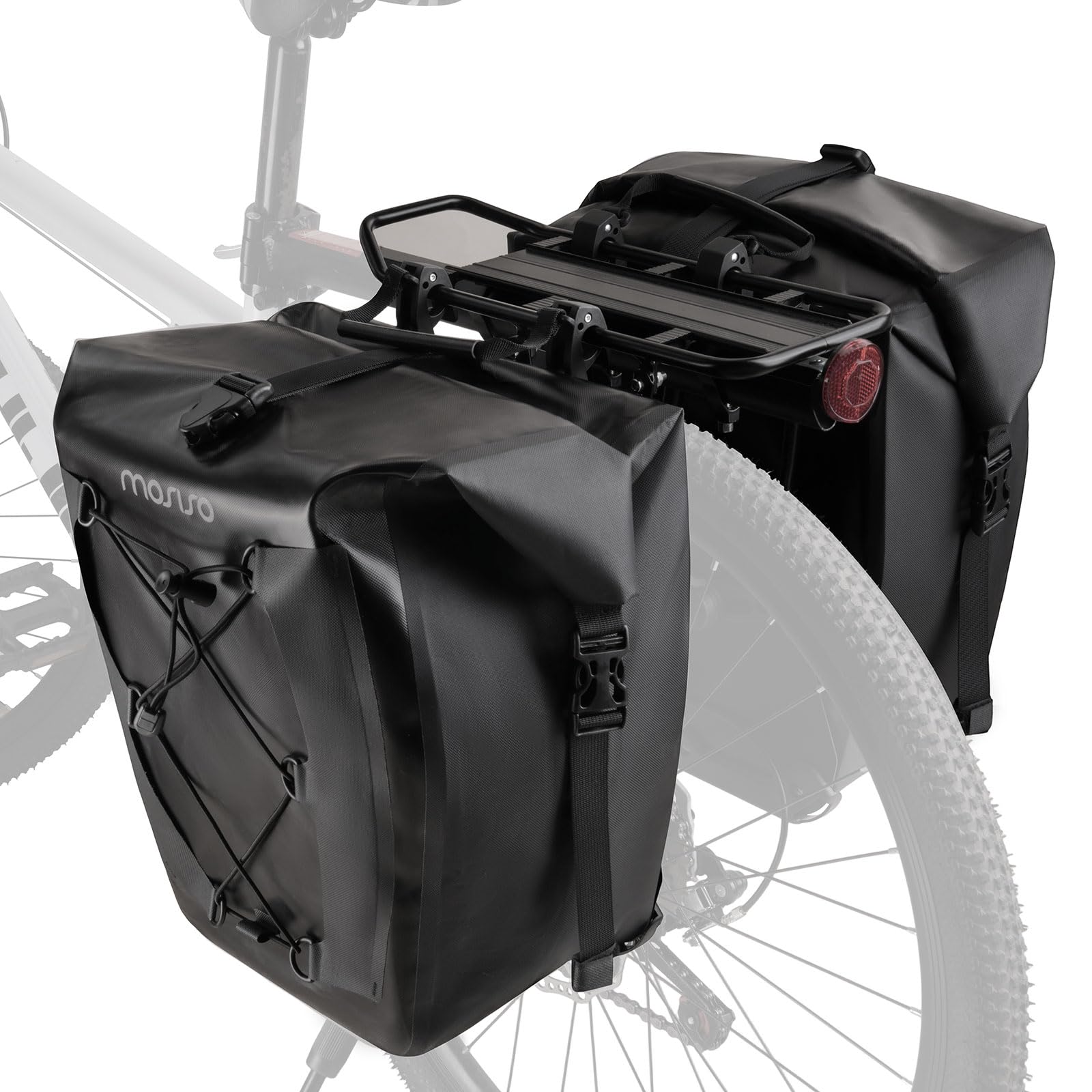 MOSISO Sacoches de Vélo 25 L, 2 Pièces Étanche pour Rack Arrière avec Corde Élastique, Pochette de Rangement pour Bagages de Vélo, Stockage Voyage Randonnée Route Commute, Noir