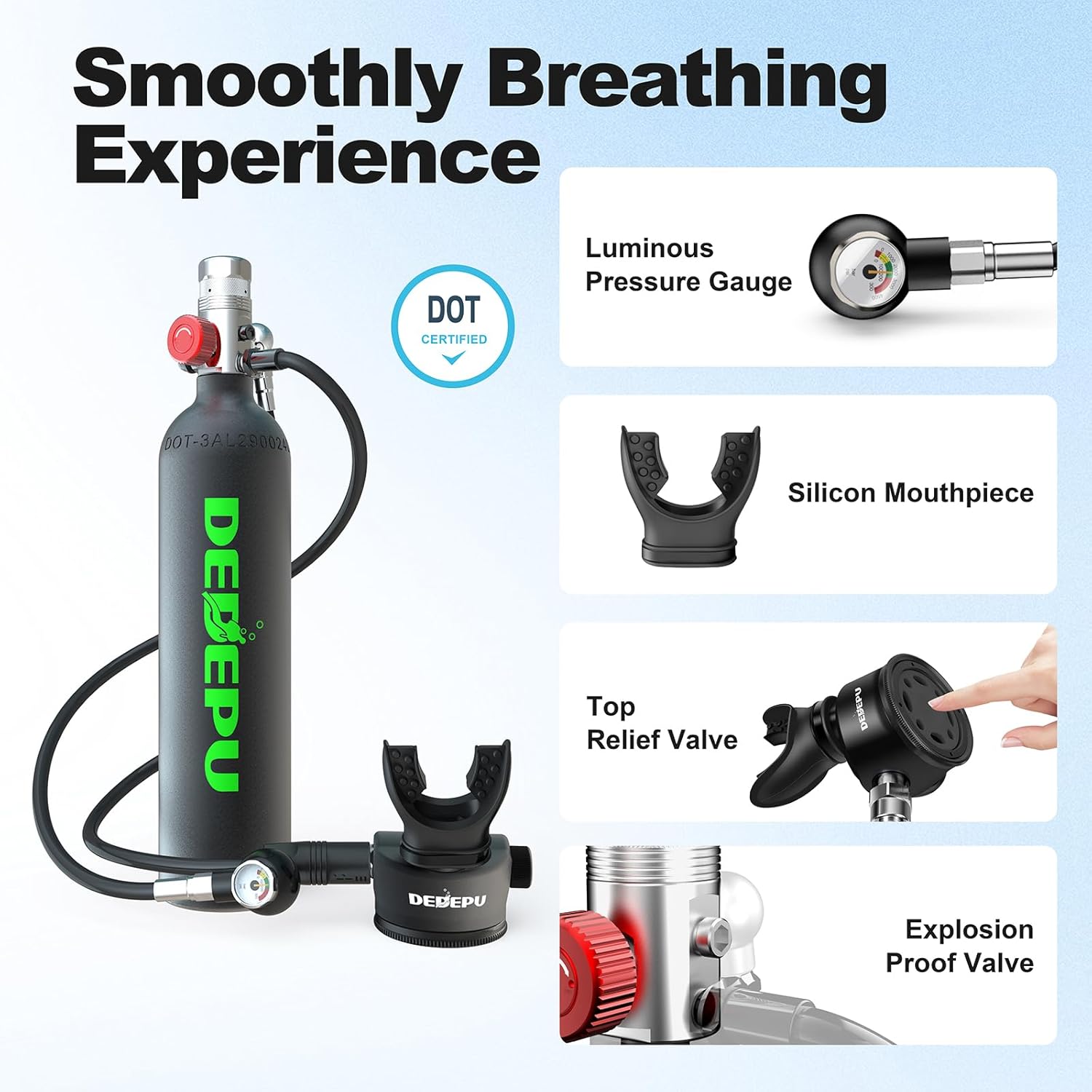 DEDEPU Mini Scuba Tank, 1L Dive Portable Lungs Air Tank with Snorkel Mask, 15-20 Minutes Diving Time, Underwater Breathing Diving Gear, Backup Air Cylinder Emergency Rescue Pony Bottle