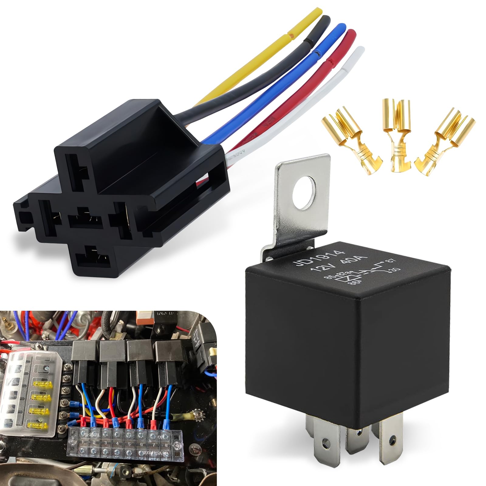 2 PCS Automotive Relay, JD1914 Five-pin 40A 12/24V Switching Flame-retardant Housing Relay with Socket and Cable, Plug-and-play Connection Accessories, Compatible with Most Car Models