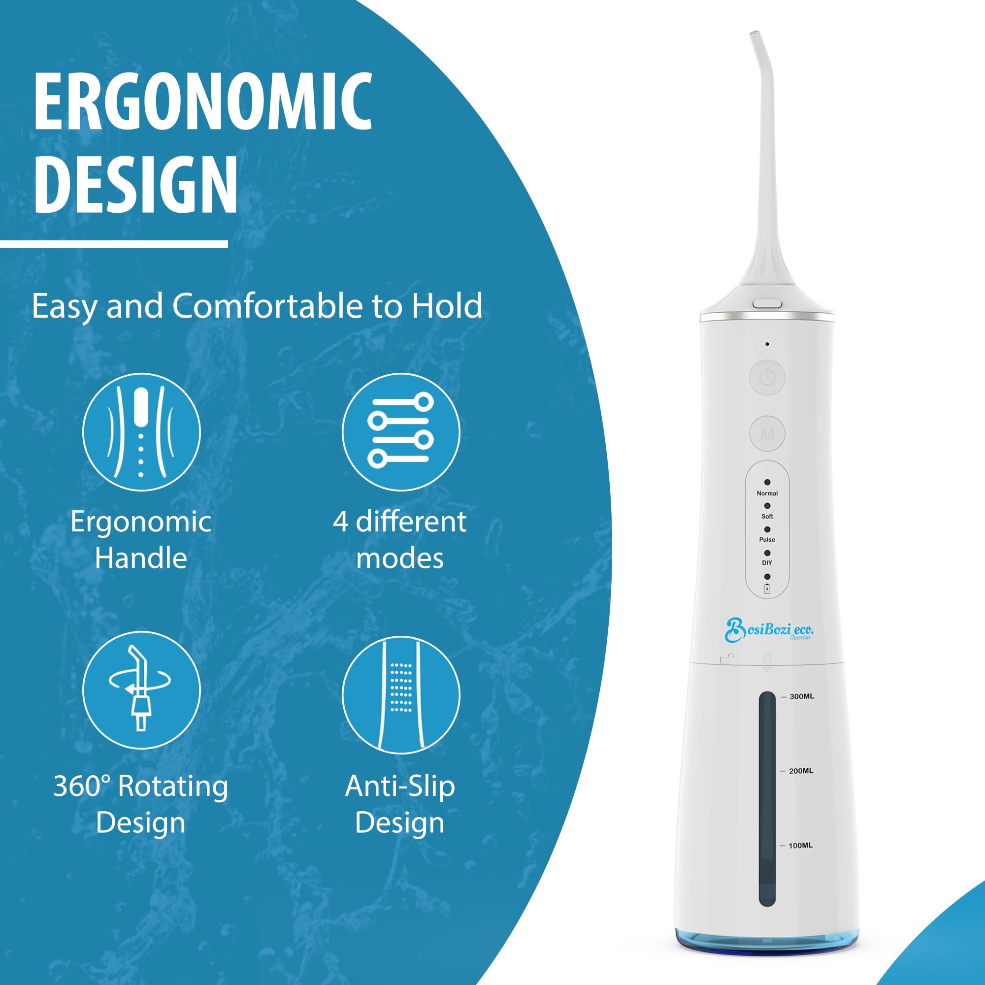 BosiBozi - Hilo dental recargable para dientes, 4 modos, inalámbrico y portátil, tanque de 300 ml, hilo dental impermeable IPX7, cable de carga USB-C, 3 cabezales de chorro, 1 raspador de lengua