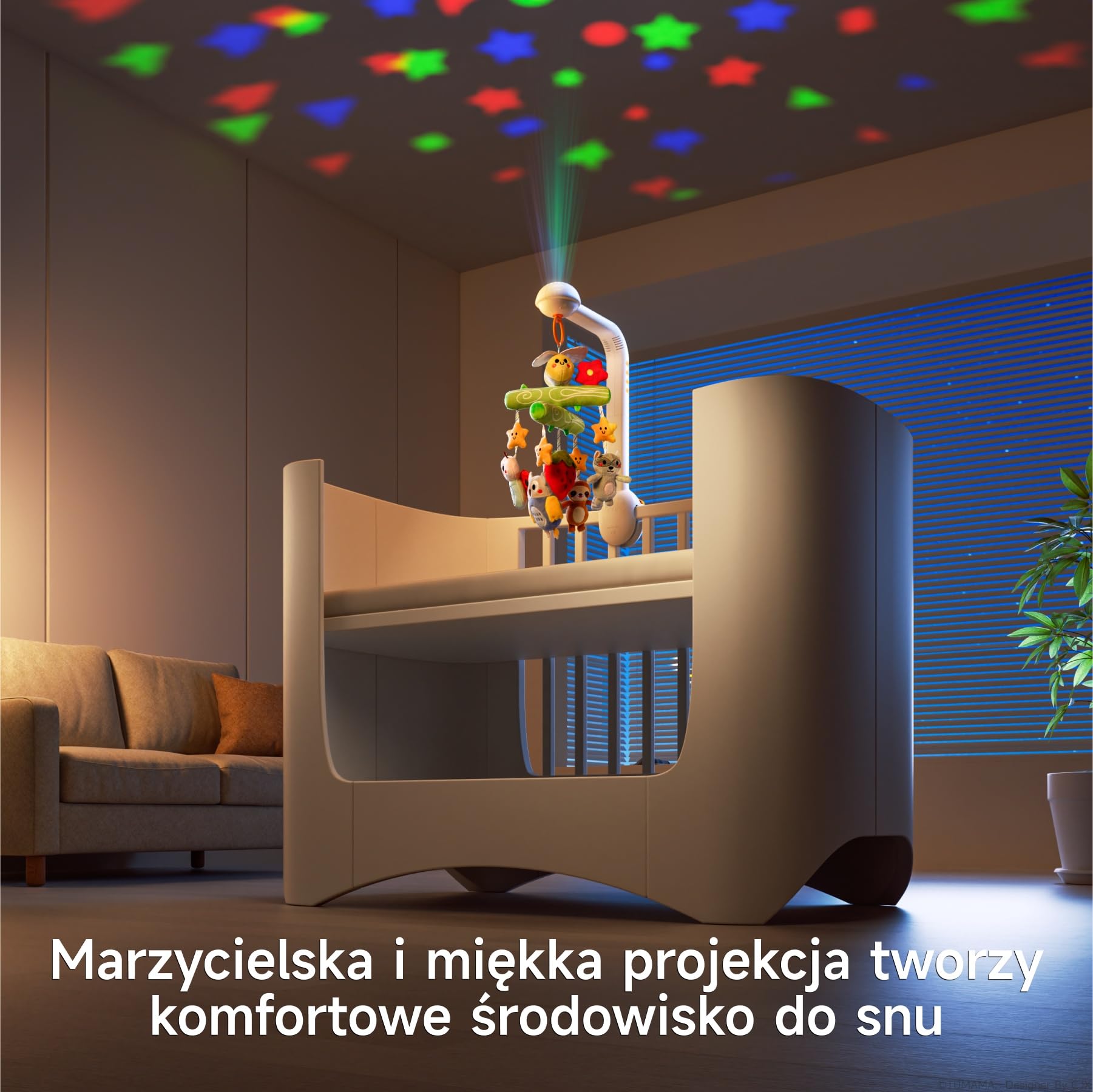 TUMAMA KIDS Mobilne łóżko muzyczne, lampka nocna z projekcją światła, zabawka dla niemowląt 0 3 6 9 miesięcy, mobilny pilot do łóżeczka dla dziecka sensoryczna zabawka na prezent dla urodzonych