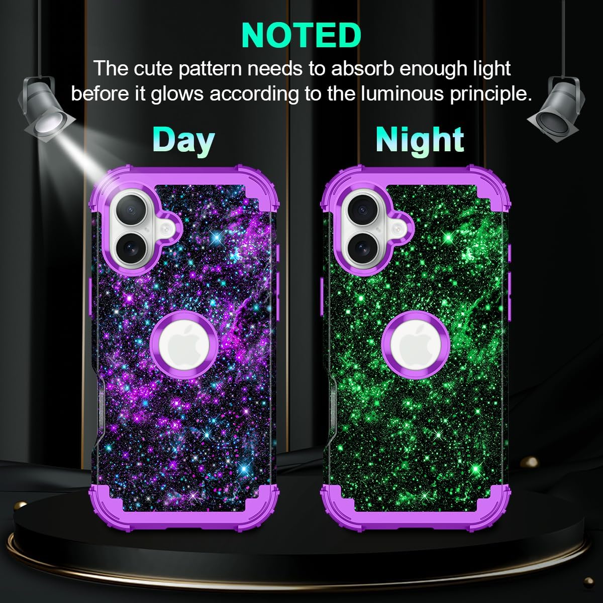  for iPhone 16 Case,Glow in The Dark Three Layer Heavy Duty Shockproof Protection Hard Plastic Bumper+Soft Silicone Case for Apple iPhone 16,Purple Starry Sky thumbnail
