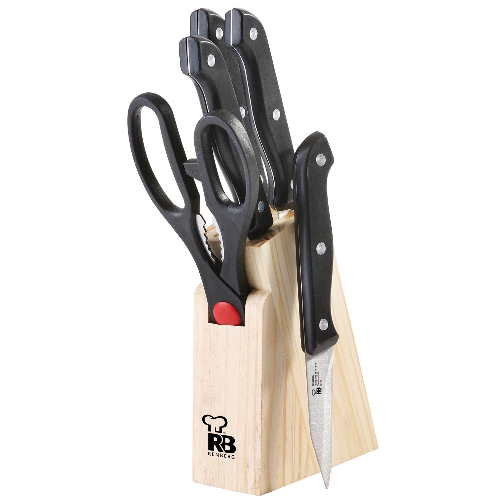 Renberg BONN - Set de 6 Piezas en Acero Inoxidable - Incluye 4 Cuchillos, Tijeras y Bloque de Cuchillos Universal - Utensilios Profesionales y Duraderos - Diseño Ergonómico - Gran Variedad de Usos