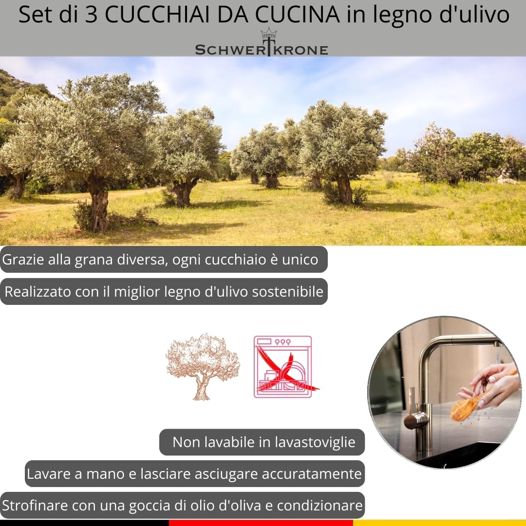 SCHWERTKRONE Set di cucchiai in legno d'oliva italiano, cucchiaio da cucina in legno, cucchiaio da cucina in legno di ulivo