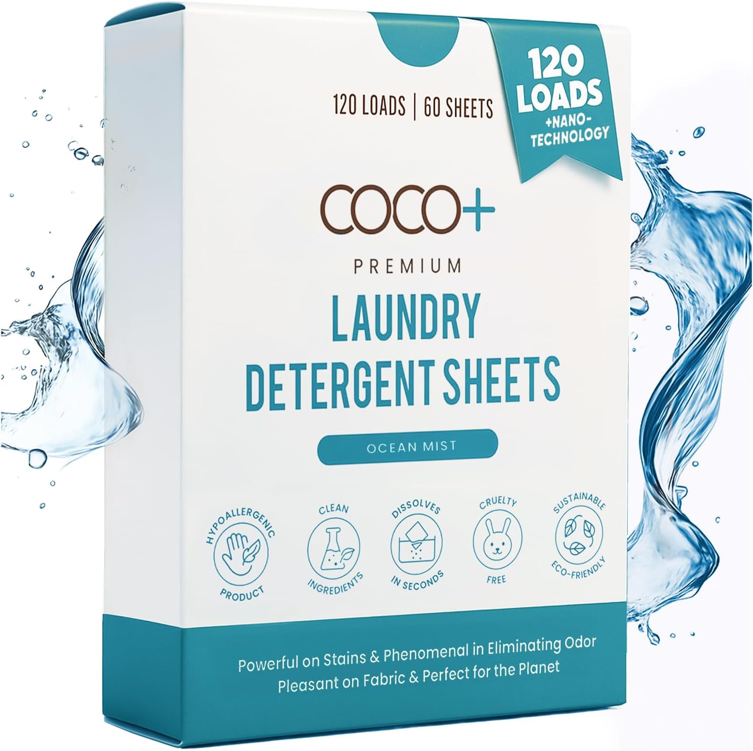 Laundry Detergent Sheets – Nano-Concentrated with Enzymes, Hypoallergenic & Plant-Based – Deep Clean, Safe for Sensitive Skin – (120 Loads 60 Sheets) – Ocean Mist